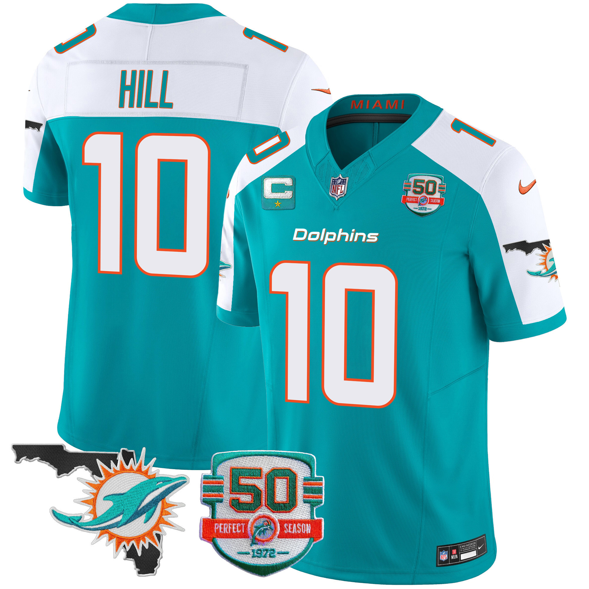Tyreek Hill Men's Miami Dolphins 50th Perfect Season & Florida Patch Vapor Aqua Alternate Jersey - All Stitched