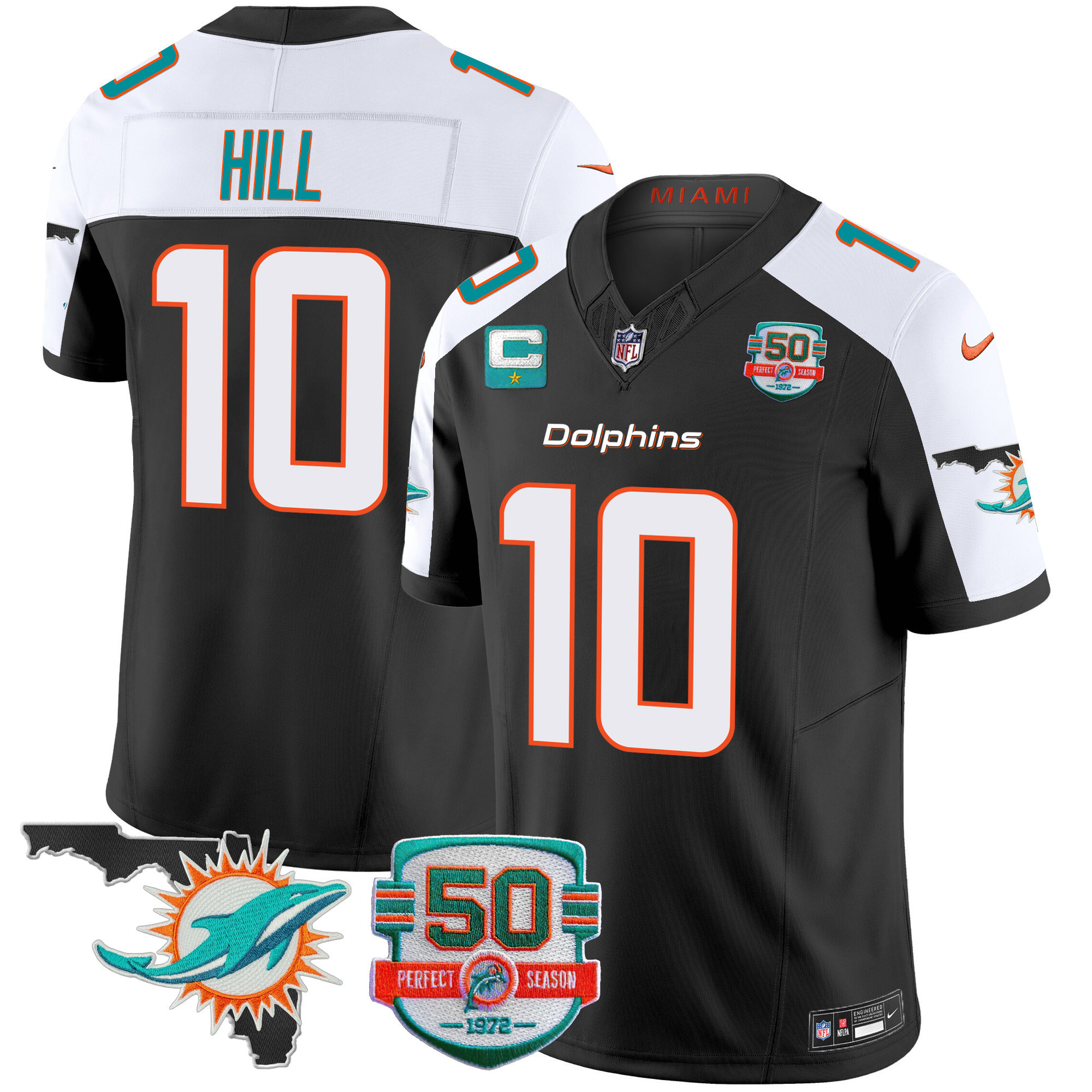Tyreek Hill Men's Miami Dolphins 50th Perfect Season & Florida Patch Vapor Black Alternate Jersey - All Stitched