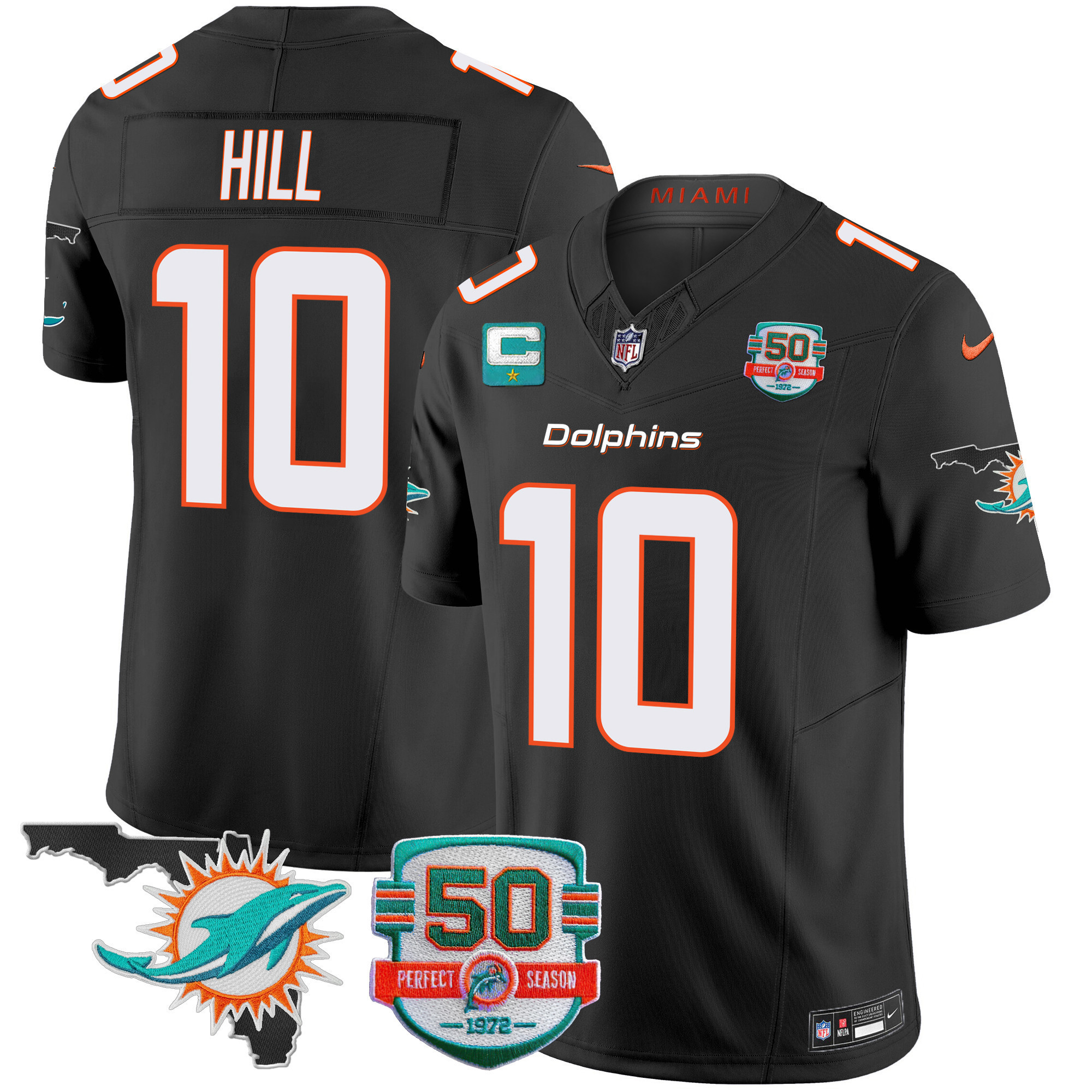 Tyreek Hill Men's Miami Dolphins 50th Perfect Season & Florida Patch Vapor Black Jersey - All Stitched