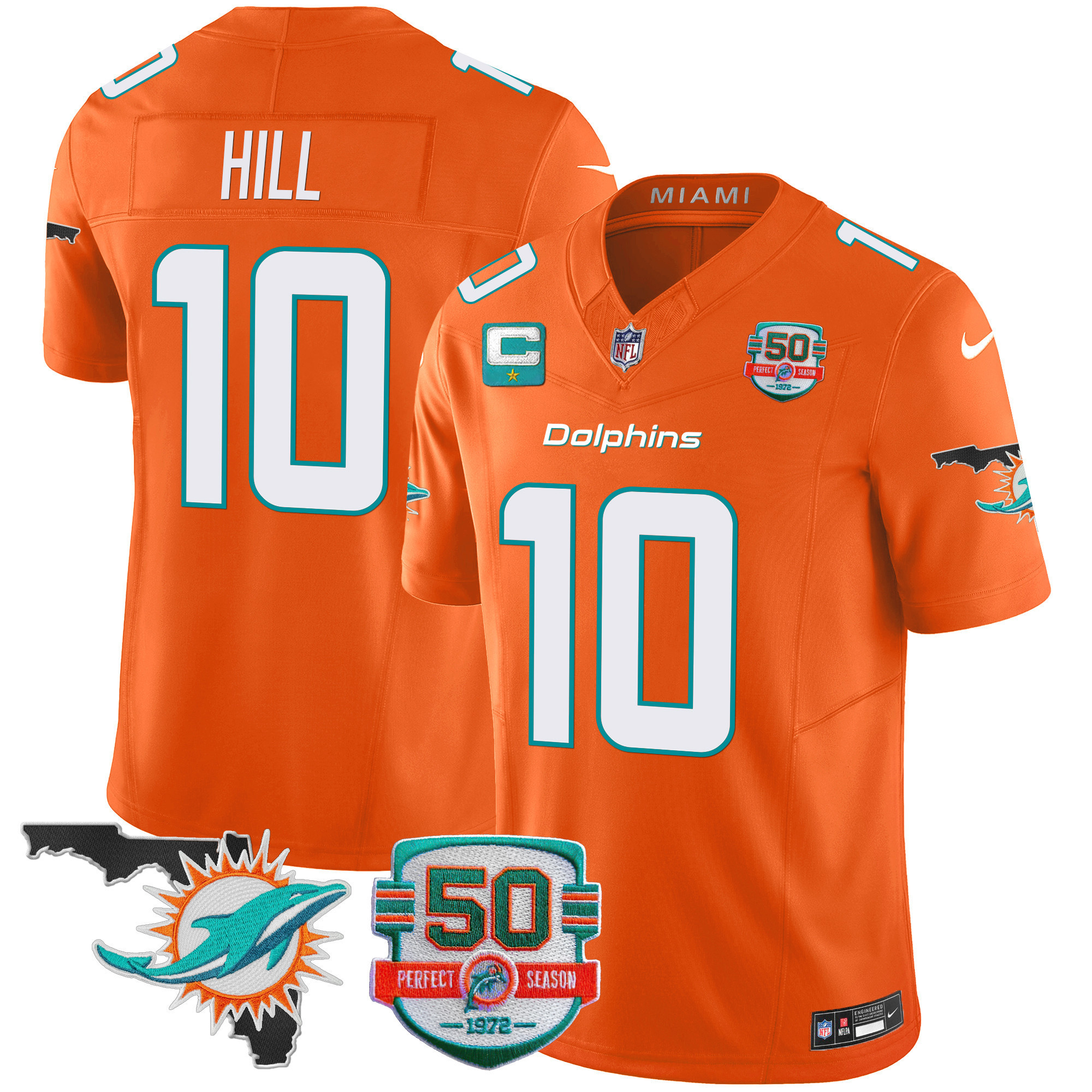 Tyreek Hill Men's Miami Dolphins 50th Perfect Season & Florida Patch Vapor Orange Jersey - All Stitched