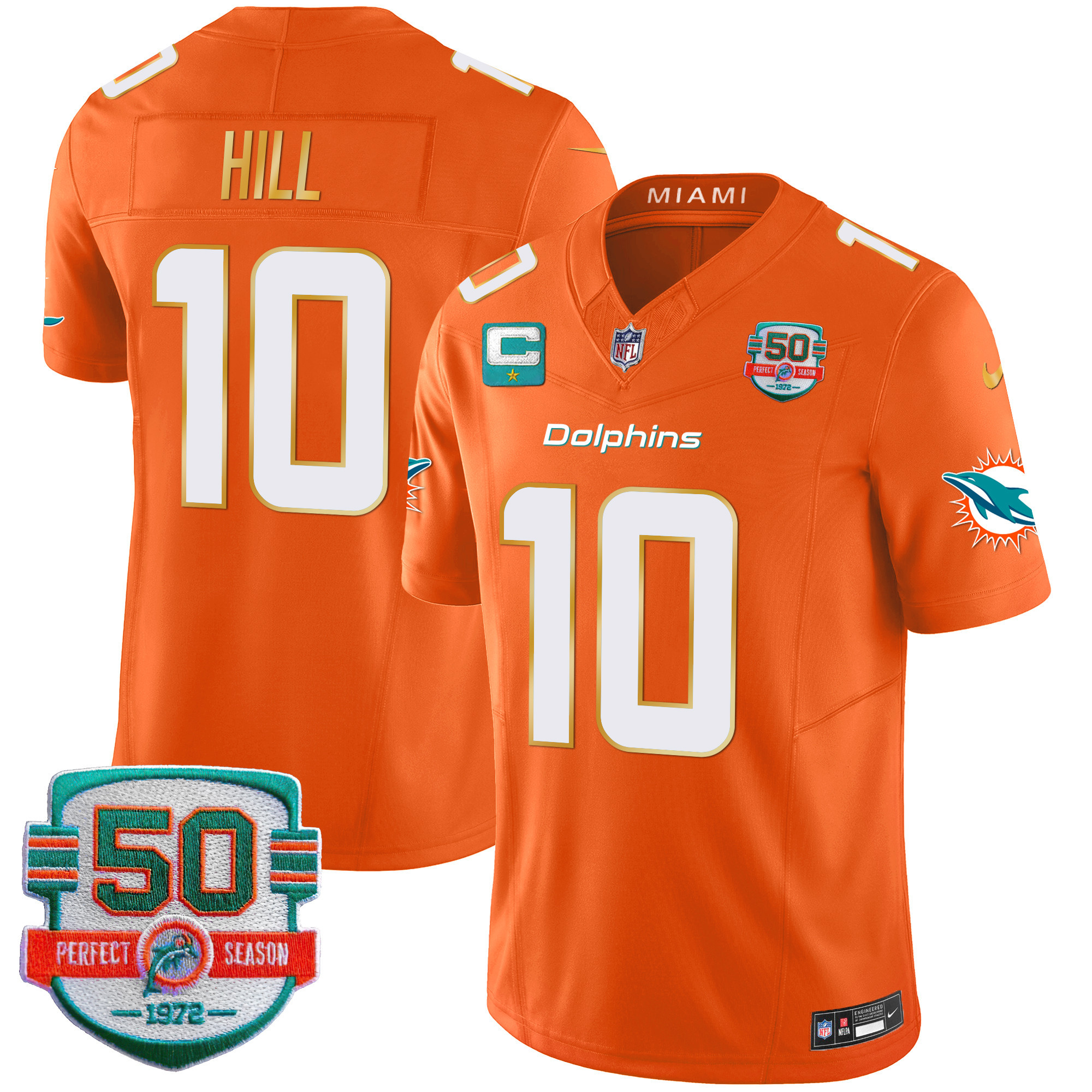 Tyreek Hill Men's Miami Dolphins Gold Trim Vapor Limited Orange Jersey - All Stitched
