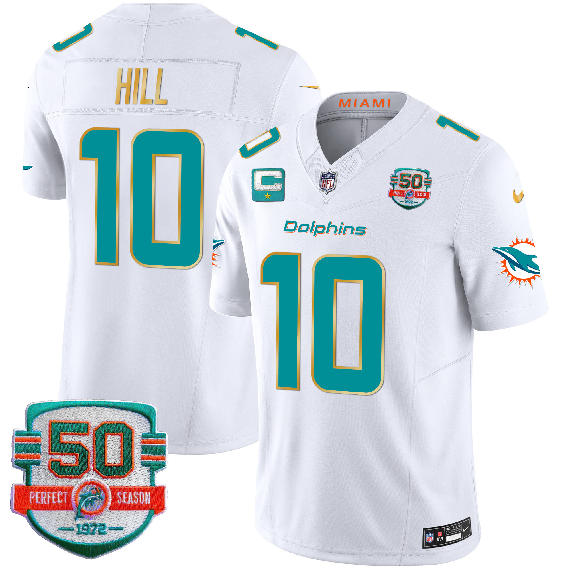 Tyreek Hill Men's Miami Dolphins Gold Trim Vapor Limited White Jersey - All Stitched