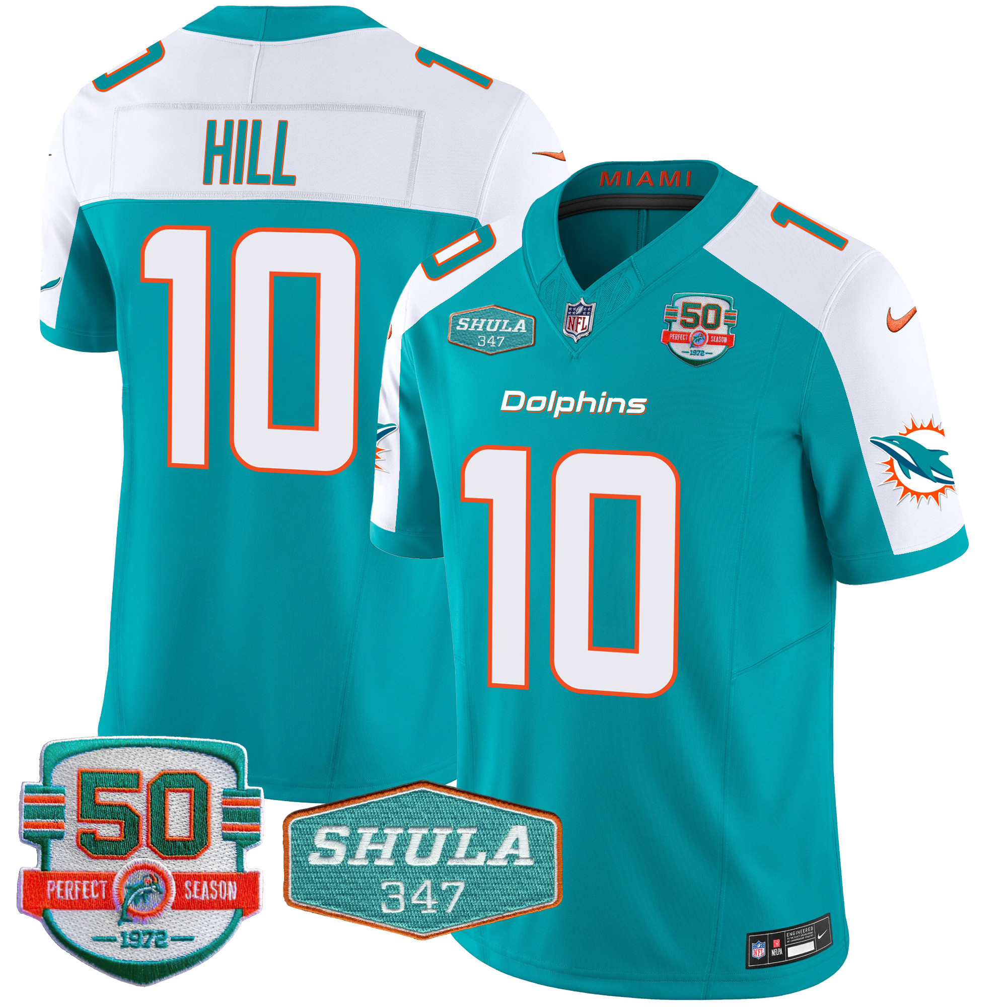 Tyreek Hill Men's Miami Dolphins Shula 347 Patch Vapor Aqua Alternate Jersey - All Stitched