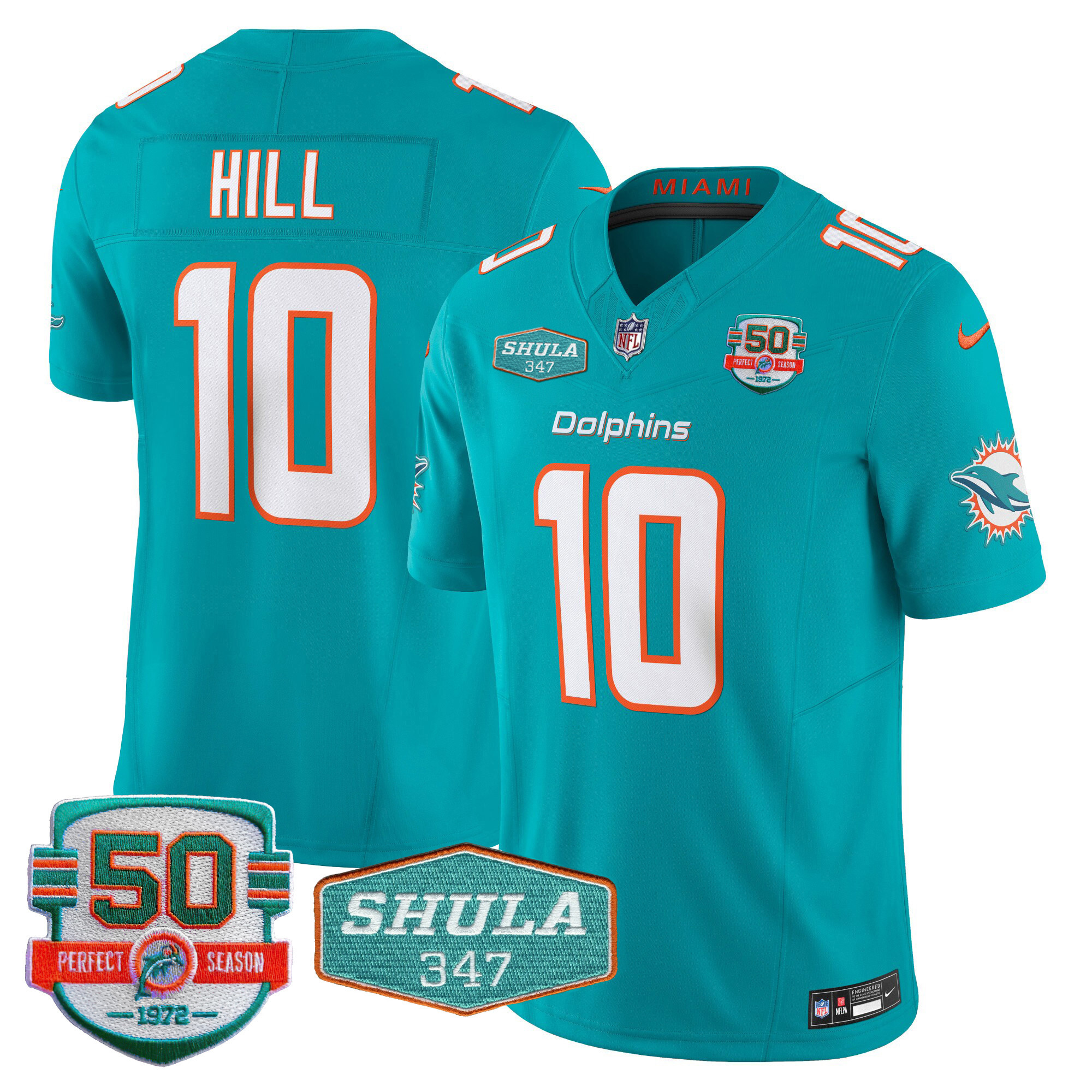Tyreek Hill Men's Miami Dolphins Shula 347 Patch Vapor Aqua Jersey - All Stitched