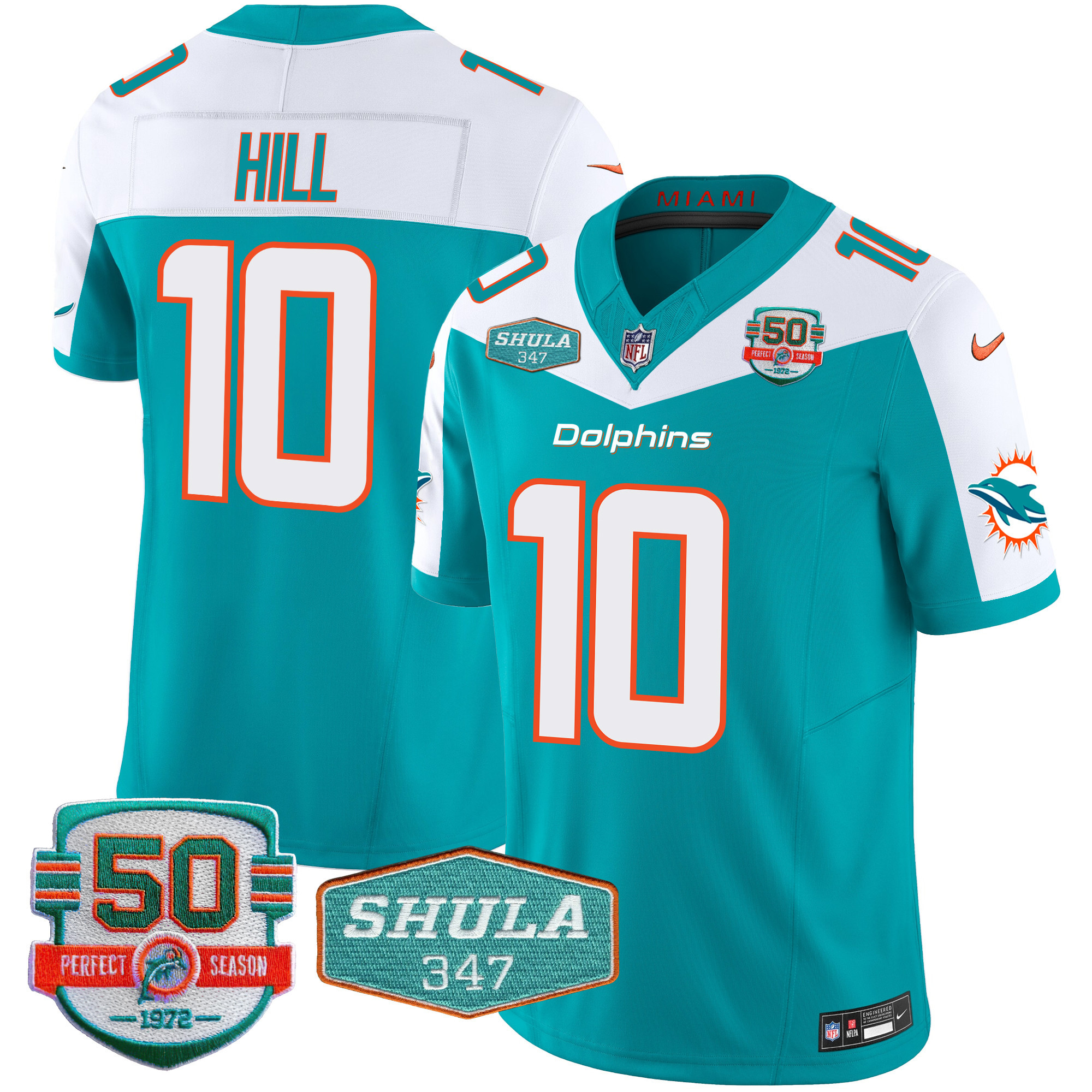 Tyreek Hill Men's Miami Dolphins Shula 347 Patch Vapor Limited Aqua Alternate Jersey - All Stitched