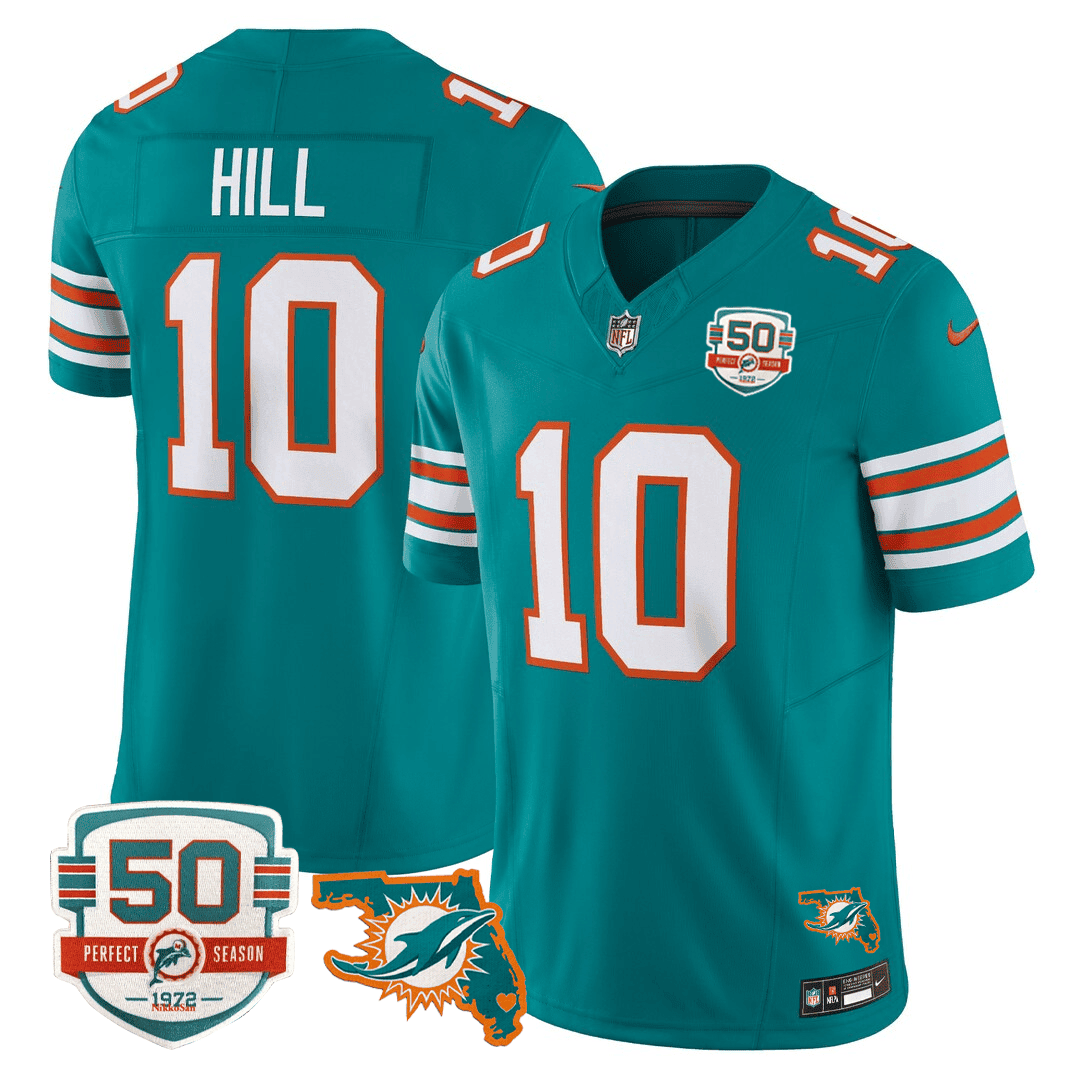 Tyreek Hill Men's Miami DolphinsThrowback 50th Perfect Season & Florida Patch Vapor Jersey Aqua Jersey - All Stitched