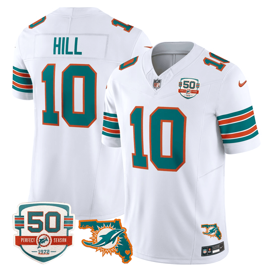 Tyreek Hill Men's Miami DolphinsThrowback 50th Perfect Season & Florida Patch Vapor Jersey White Jersey - All Stitched