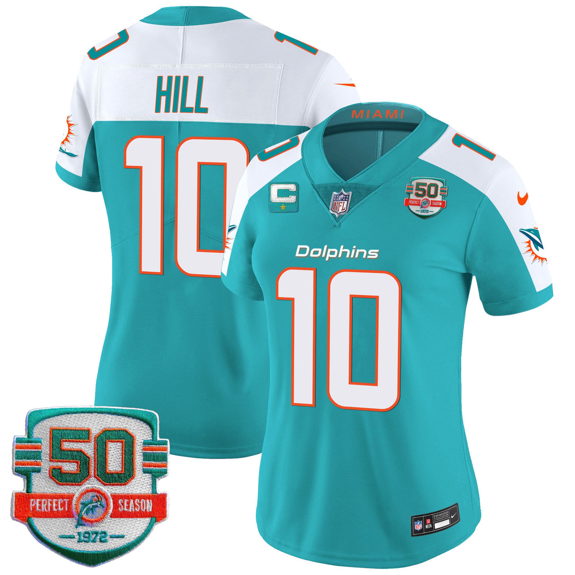 Tyreek Hill Women's Miami Dolphins 50th 1972 Perfect Season Patch Vapor Aqua Alternate Jersey - All Stitched