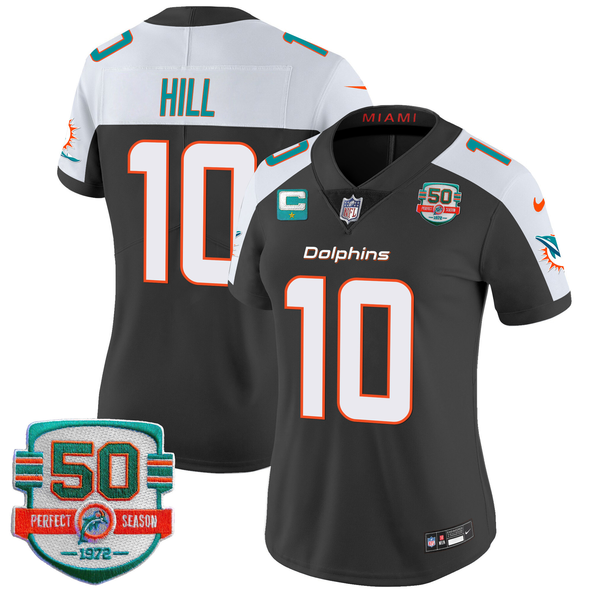 Tyreek Hill Women's Miami Dolphins 50th 1972 Perfect Season Patch Vapor Black Alternate Jersey - All Stitched