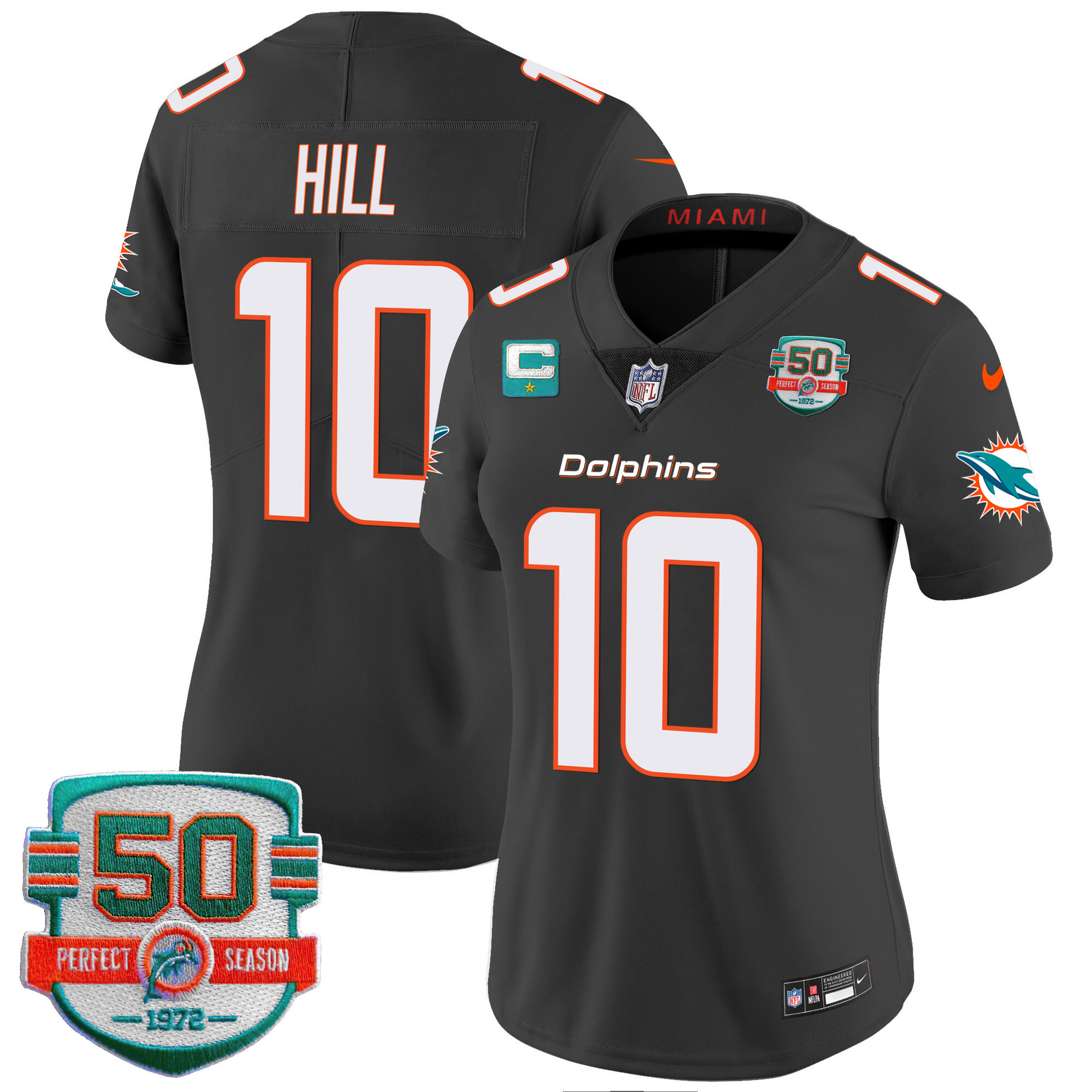 Tyreek Hill Women's Miami Dolphins 50th 1972 Perfect Season Patch Vapor Black Jersey - All Stitched