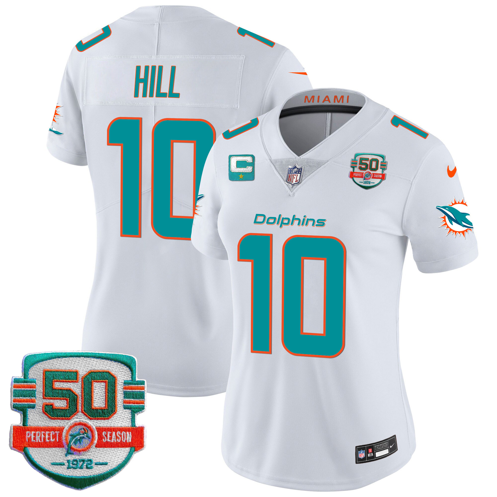 Tyreek Hill Women's Miami Dolphins 50th 1972 Perfect Season Patch Vapor White Jersey - All Stitched