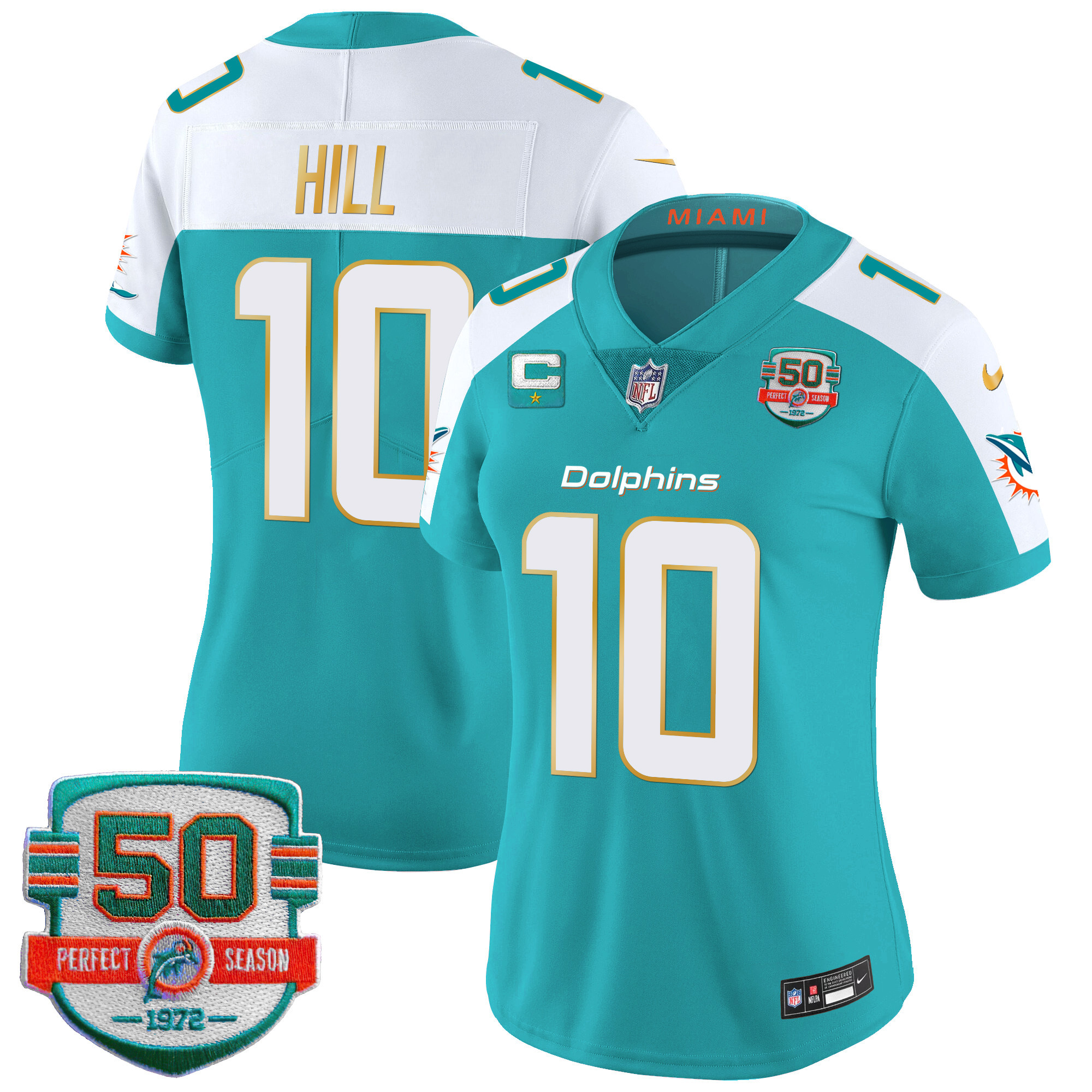 Tyreek Hill Women's Miami Dolphins Gold Trim Vapor Limited Aqua Alternate Jersey - All Stitched
