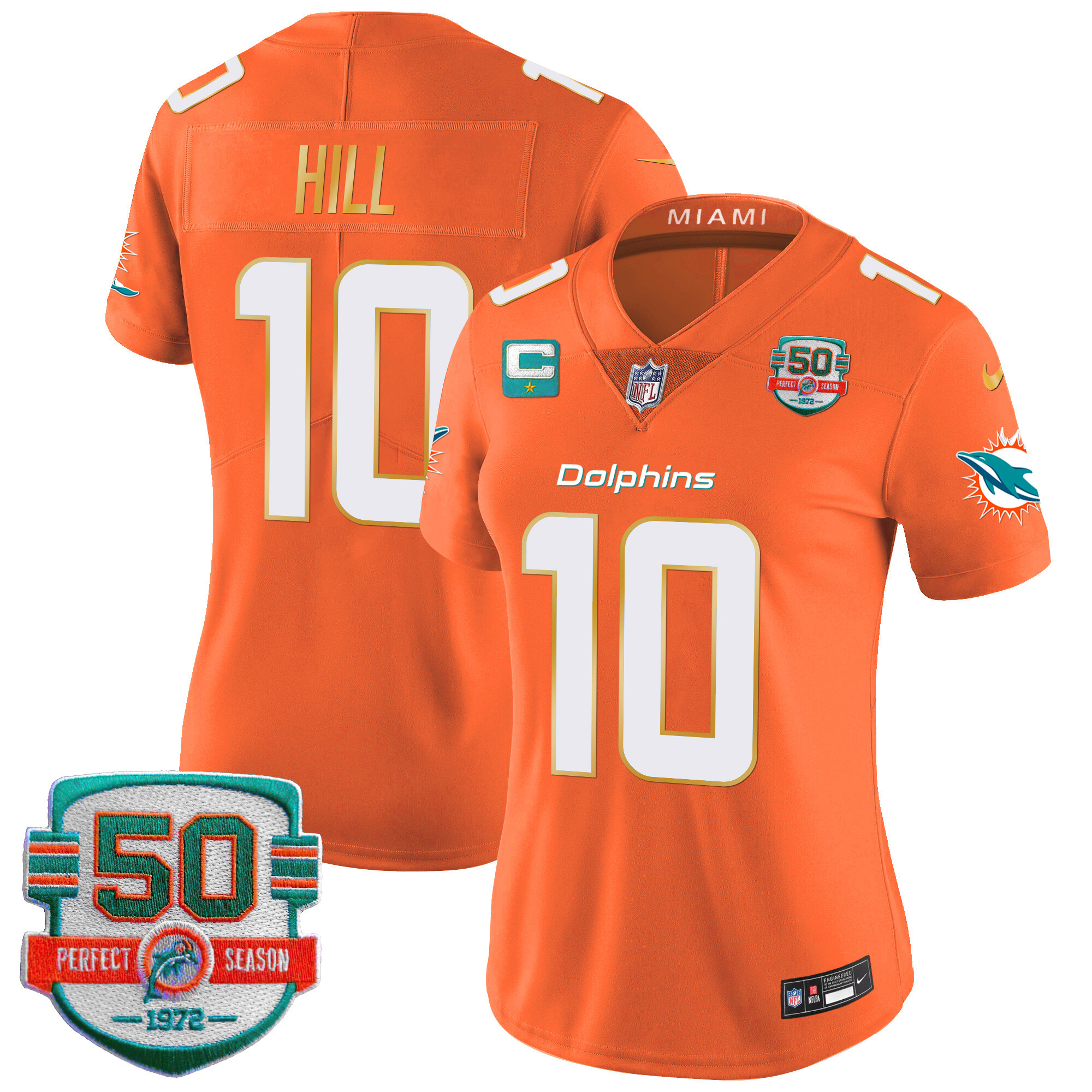 Tyreek Hill Women's Miami Dolphins Gold Trim Vapor Limited Orange Jersey - All Stitched