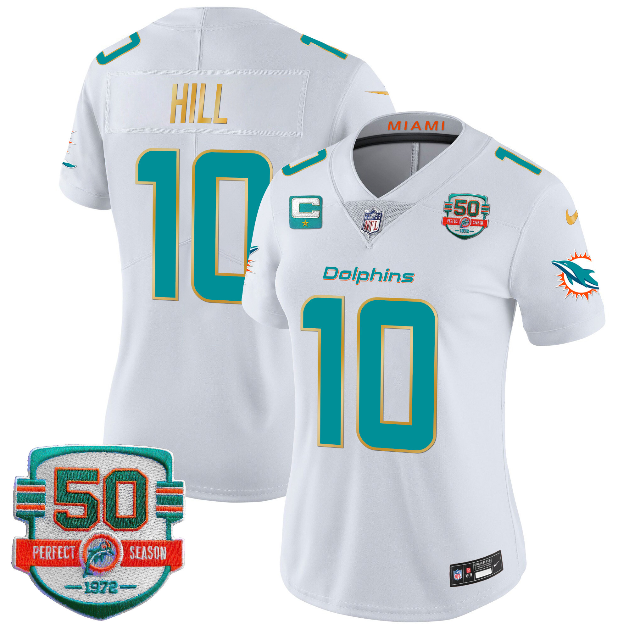 Tyreek Hill Women's Miami Dolphins Gold Trim Vapor Limited White Jersey - All Stitched