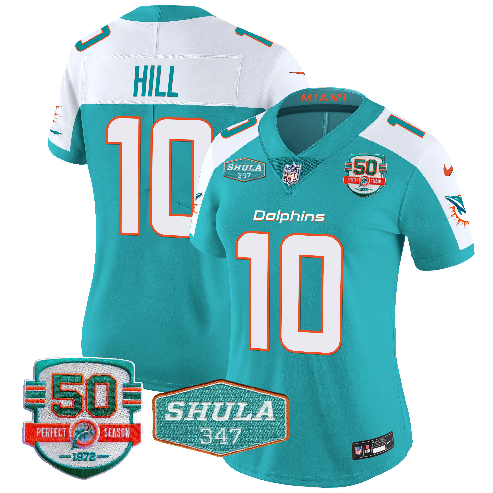 Tyreek Hill Women's Miami Dolphins Shula 347 Patch Vapor Aqua Alternate Jersey - All Stitched