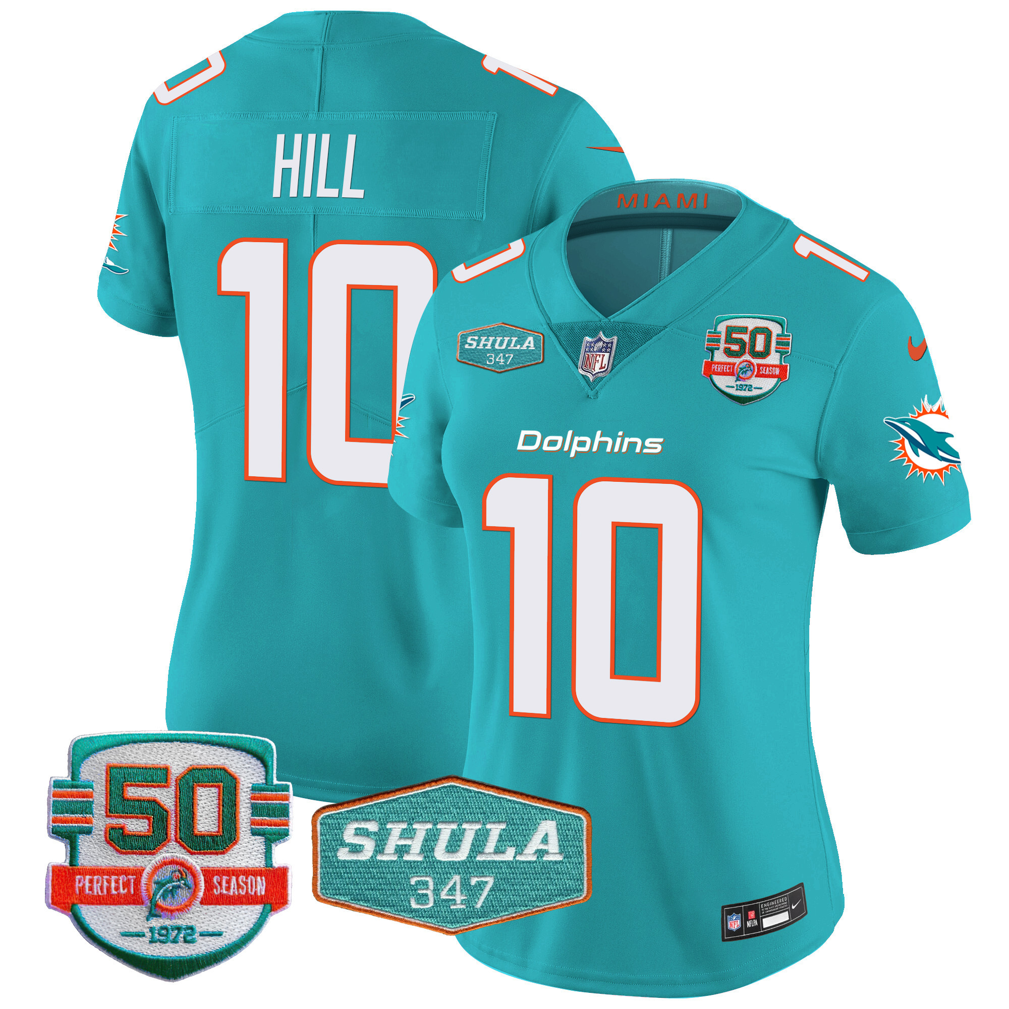 Tyreek Hill Women's Miami Dolphins Shula 347 Patch Vapor Aqua Jersey - All Stitched