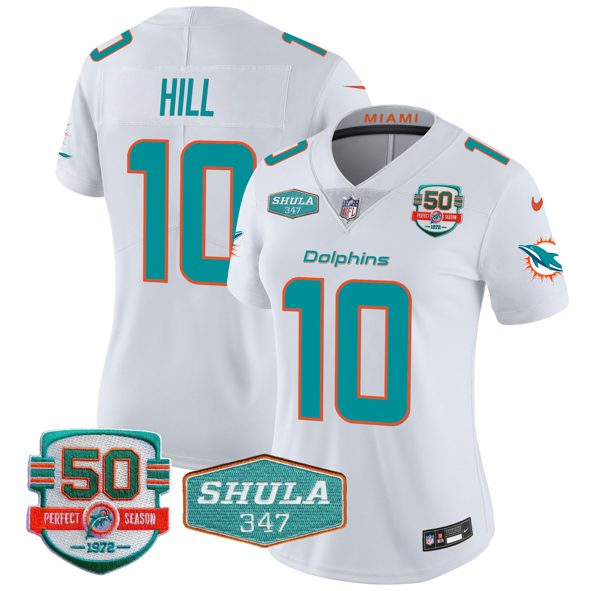 Tyreek Hill Women's Miami Dolphins Shula 347 Patch Vapor White Jersey - All Stitched