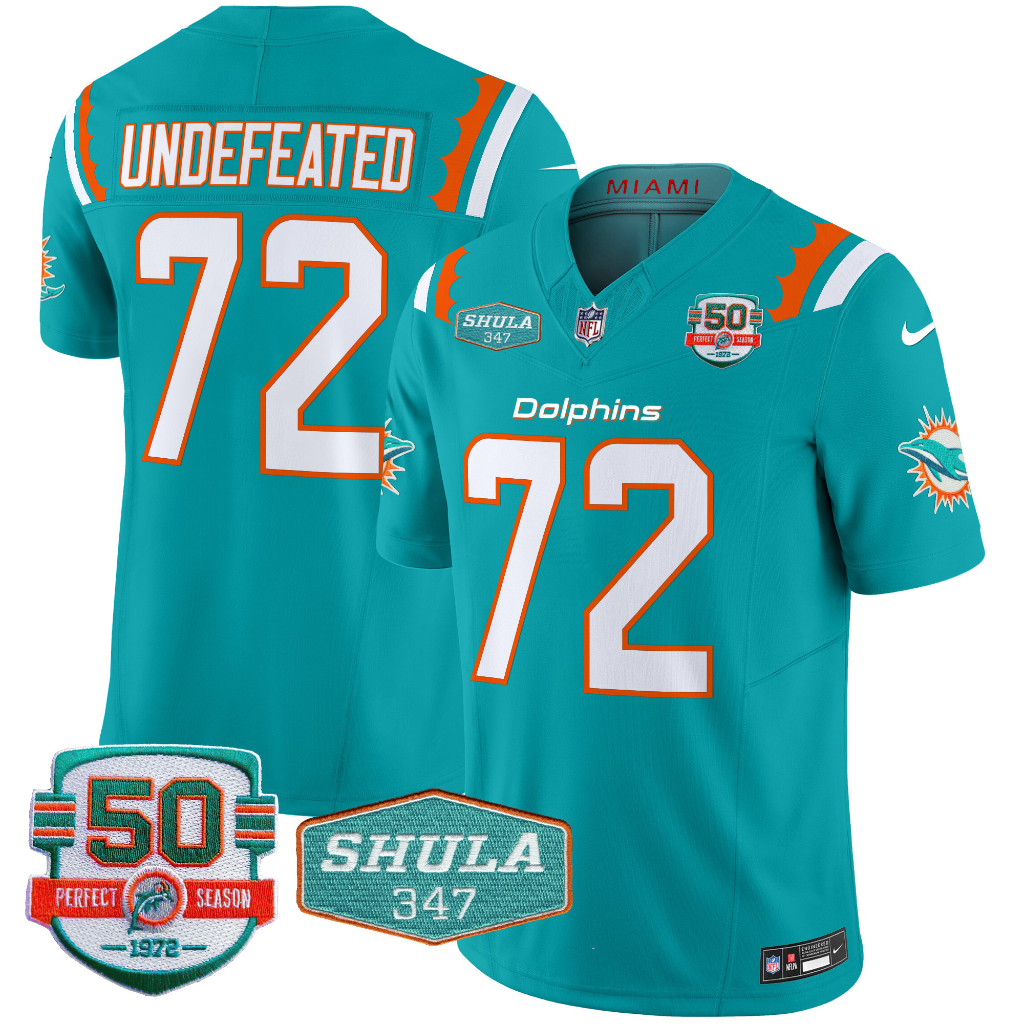 Undefeated Men's Miami Dolphins 50th & Don Shula 347 Memorial Patch Vapor Limited Aqua Jersey - All Stitched