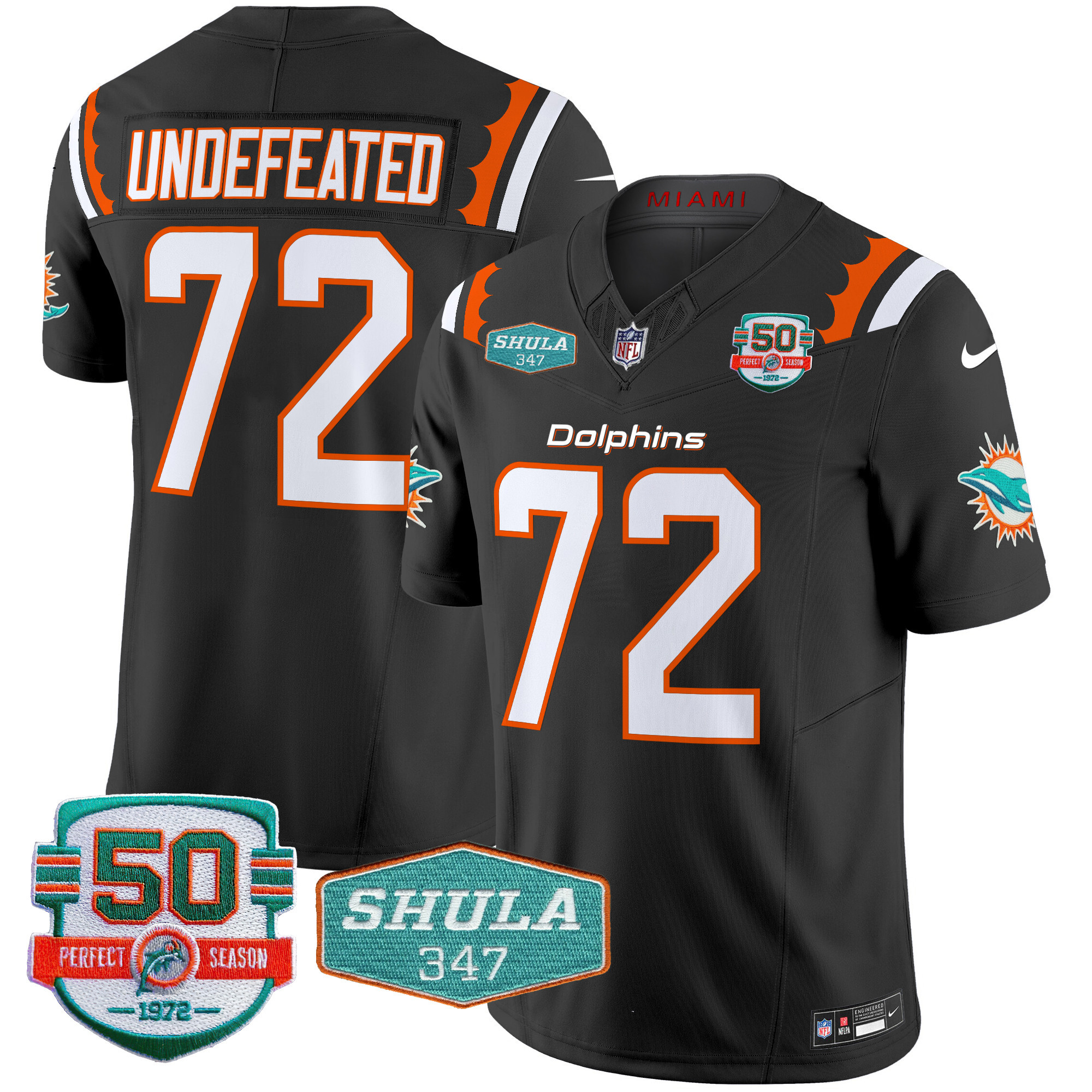 Undefeated Men's Miami Dolphins 50th & Don Shula 347 Memorial Patch Vapor Limited Black Jersey - All Stitched