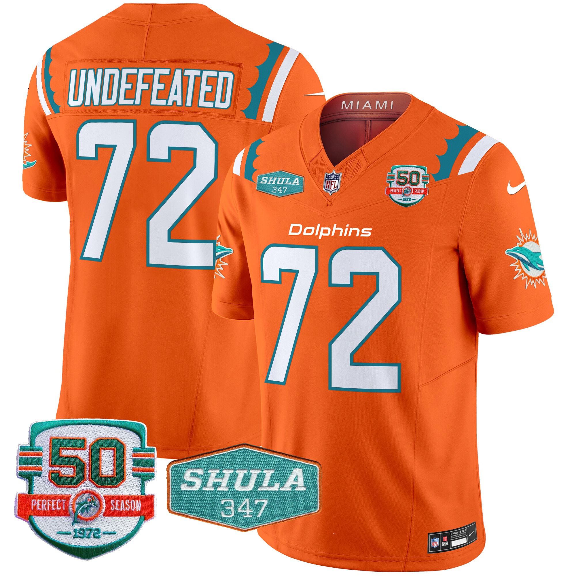 Undefeated Men's Miami Dolphins 50th & Don Shula 347 Memorial Patch Vapor Limited Orange Jersey - All Stitched