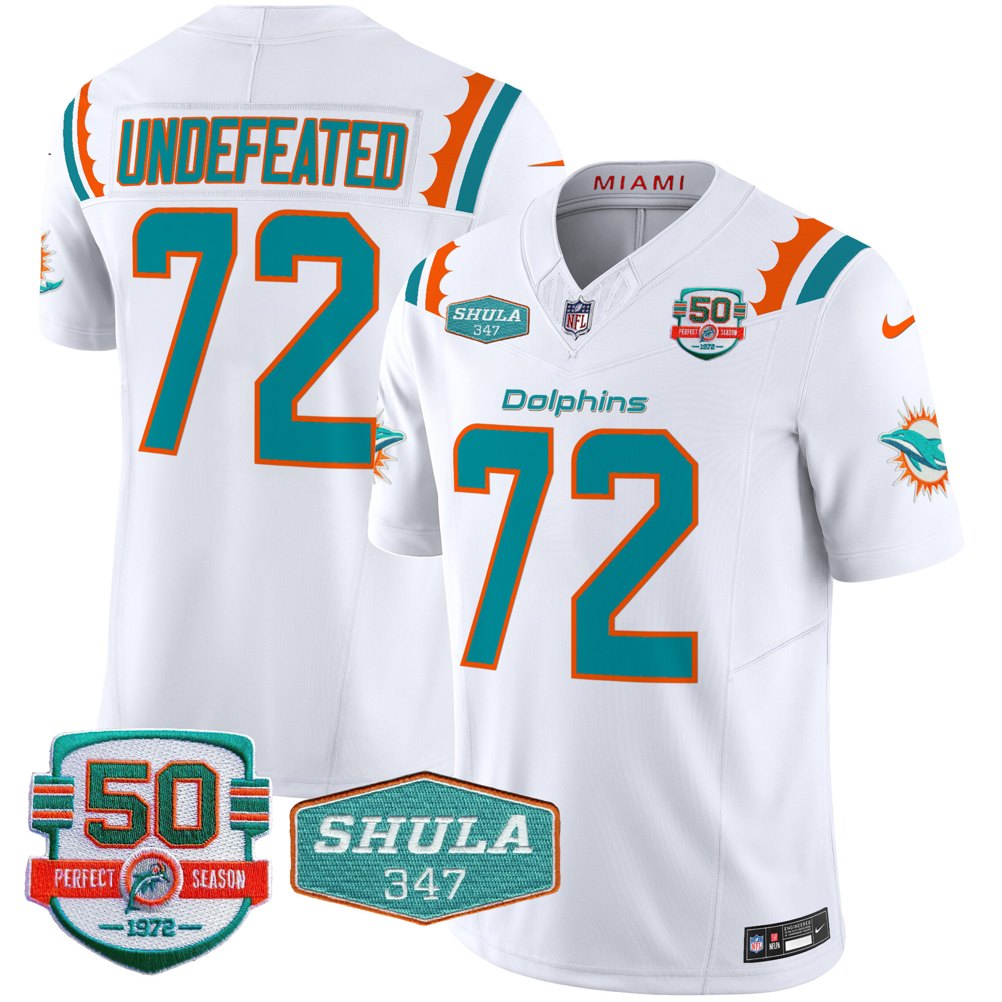 Undefeated Men's Miami Dolphins 50th & Don Shula 347 Memorial Patch Vapor Limited White Jersey - All Stitched