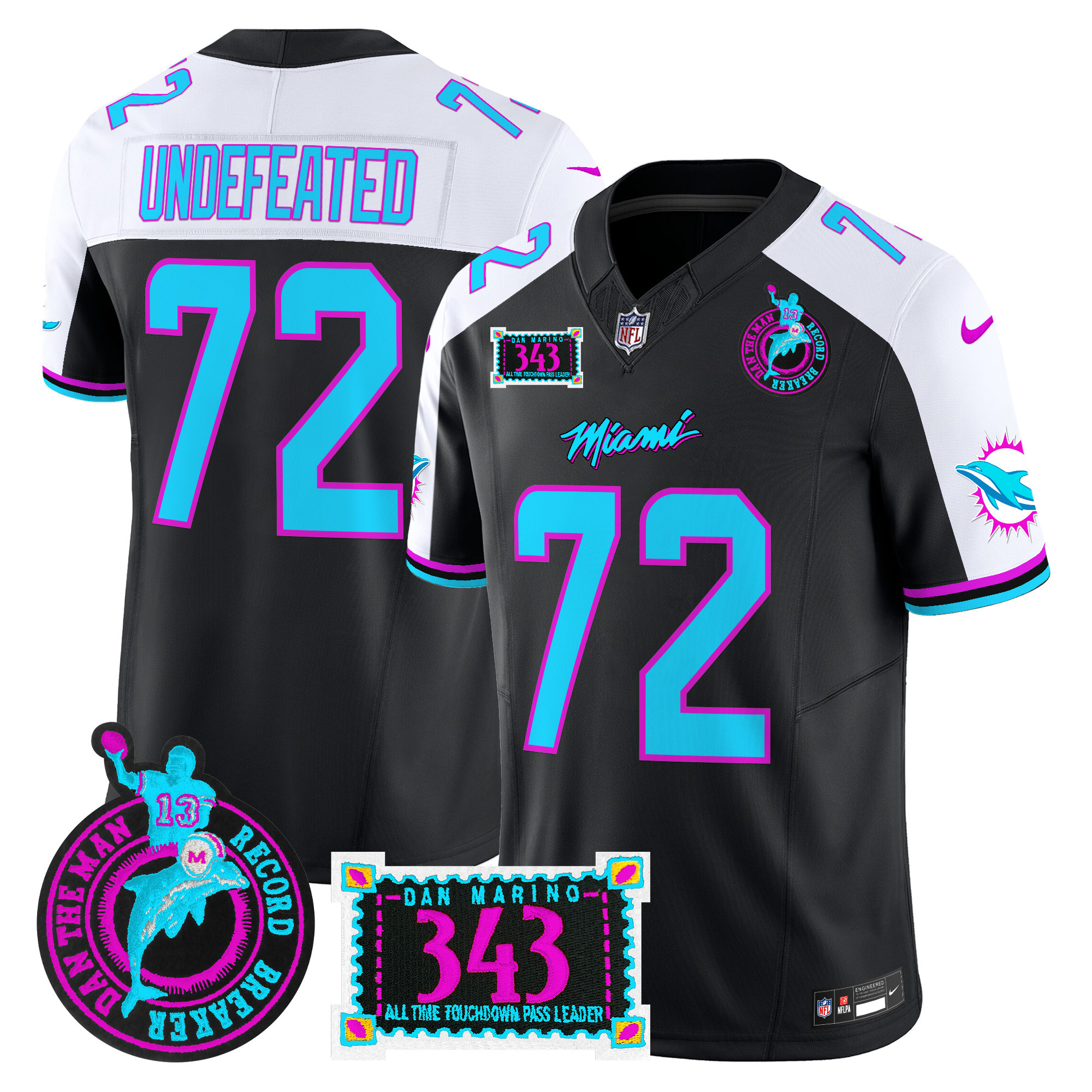 Undefeated Men's Miami Dolphins "Dan the Man Record Breaker" Patch Vapor Limited Black Alternate Jersey - All Stitched