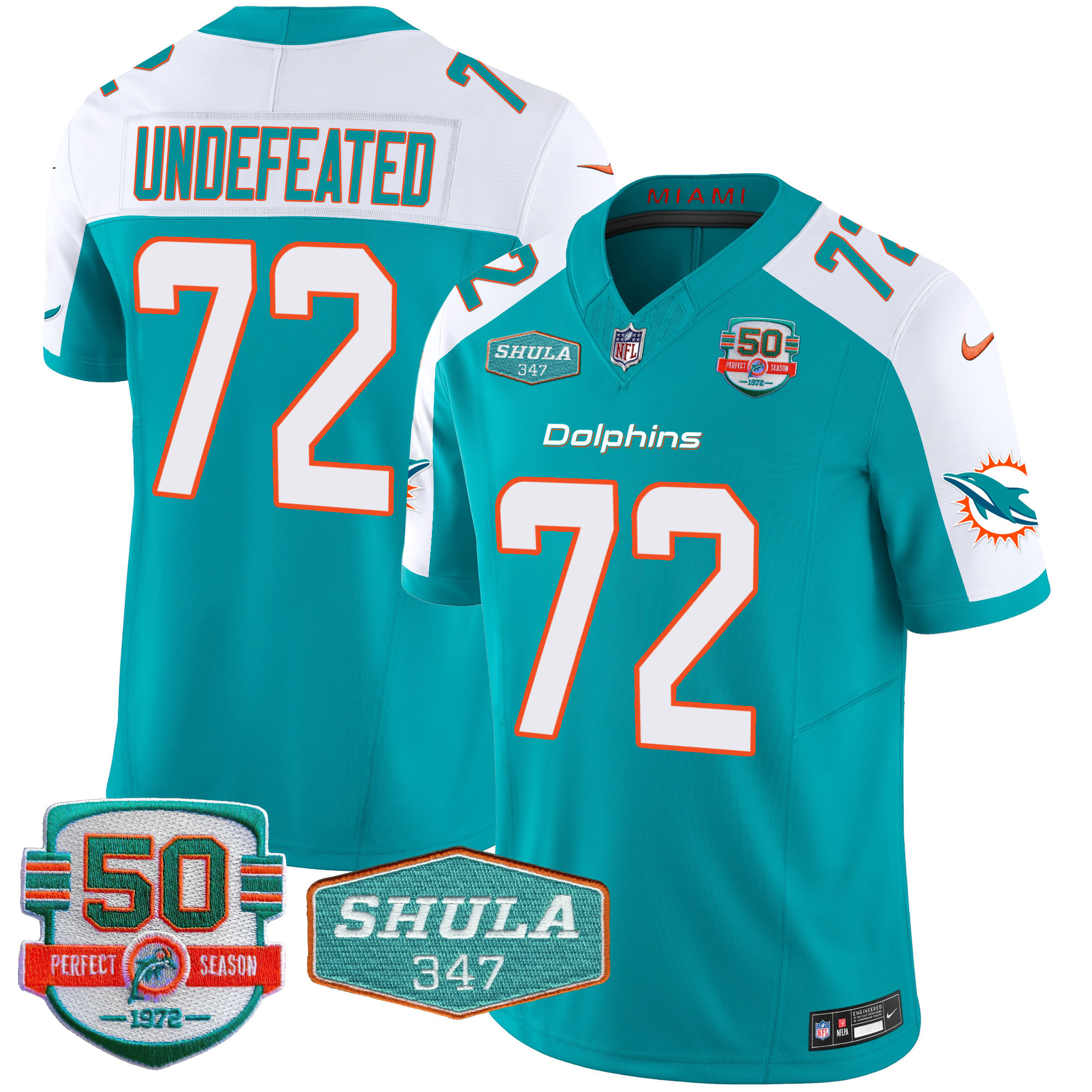 Undefeated Men's Miami Dolphins Shula 347 Patch Vapor Aqua Alternate Jersey - All Stitched