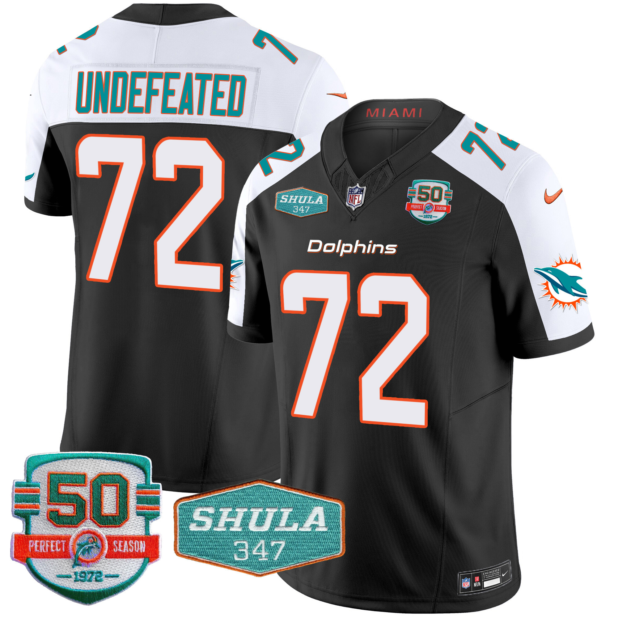 Undefeated Men's Miami Dolphins Shula 347 Patch Vapor Black Alternate Jersey - All Stitched