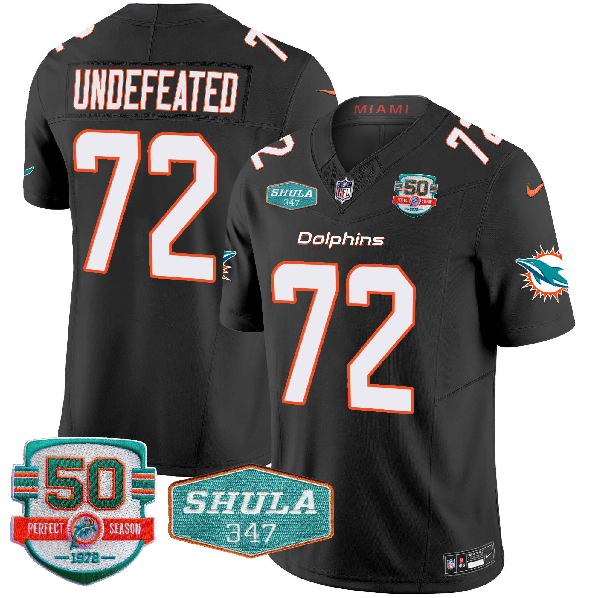 Undefeated Men's Miami Dolphins Shula 347 Patch Vapor Black Jersey - All Stitched