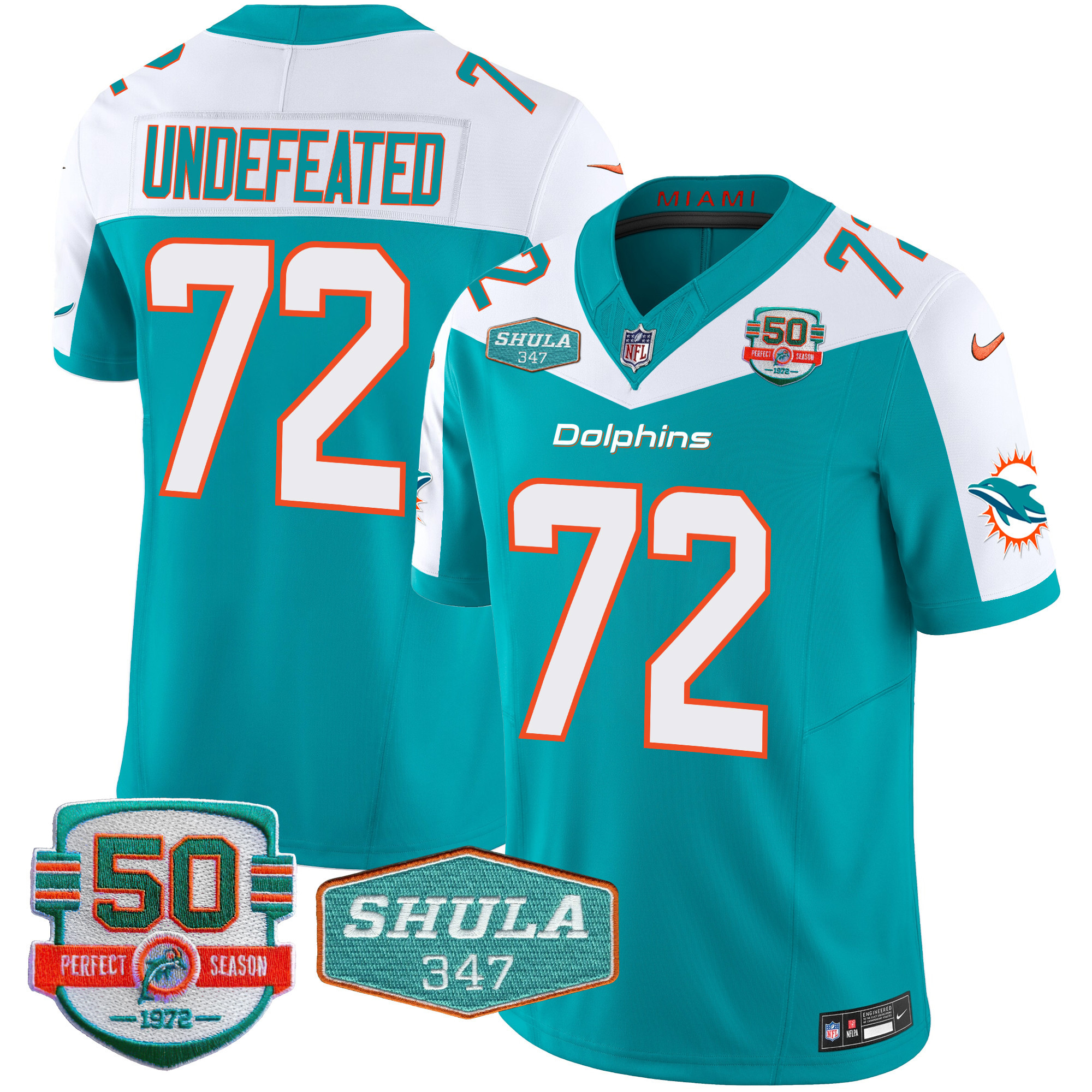 Undefeated Men's Miami Dolphins Shula 347 Patch Vapor Limited Aqua Alternate Jersey - All Stitched