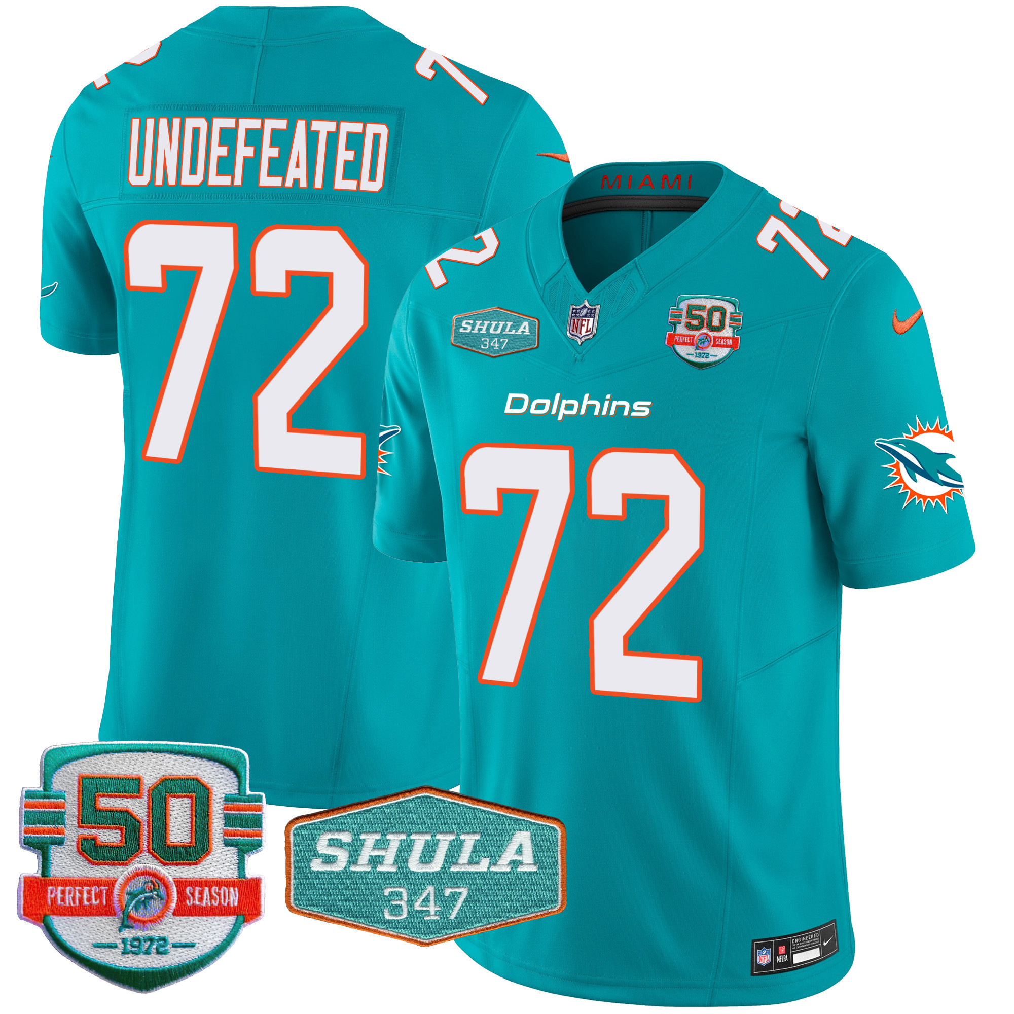 Undefeated Men's Miami Dolphins Shula 347 Patch Vapor Limited Aqua Jersey - All Stitched