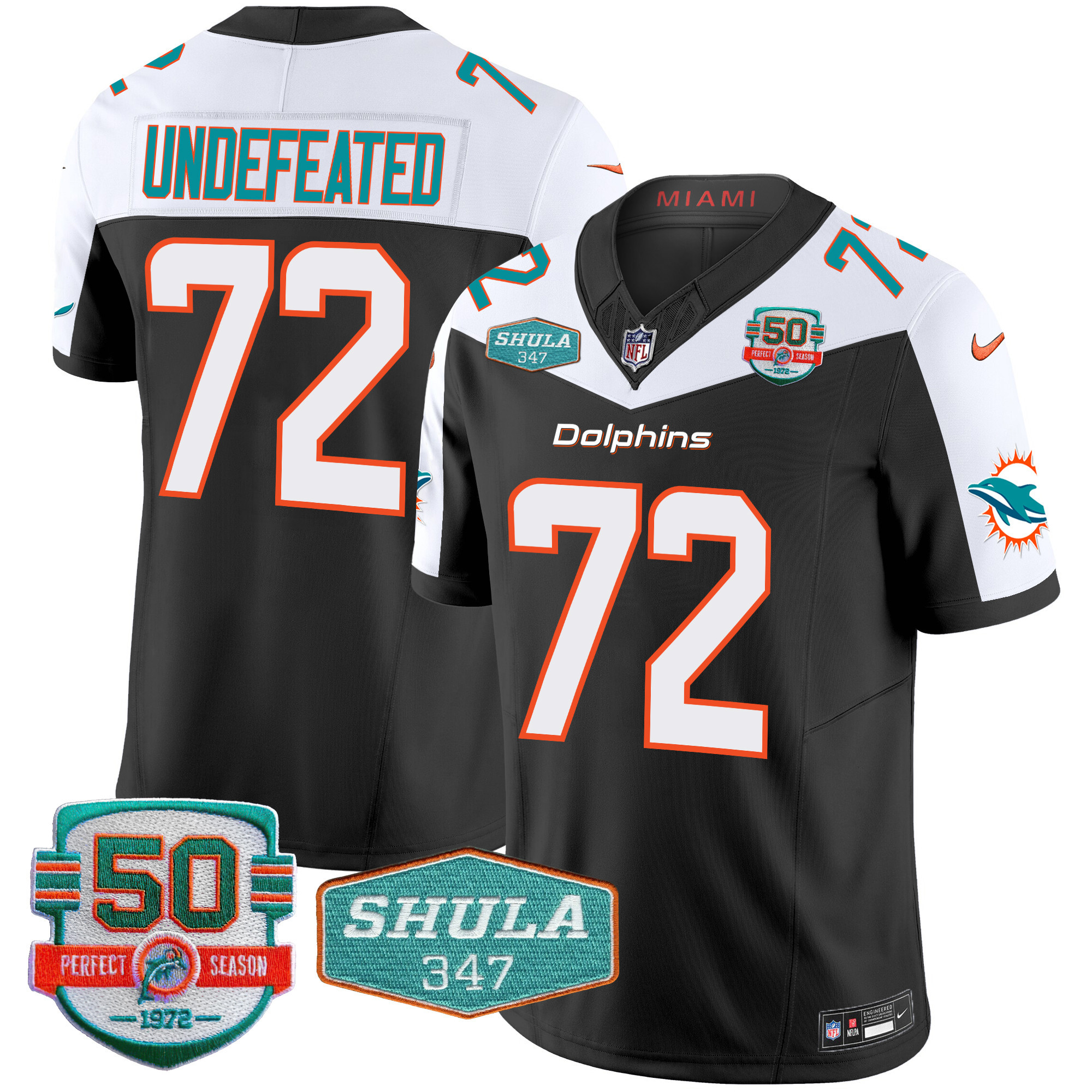 Undefeated Men's Miami Dolphins Shula 347 Patch Vapor Limited Black Alternate Jersey - All Stitched