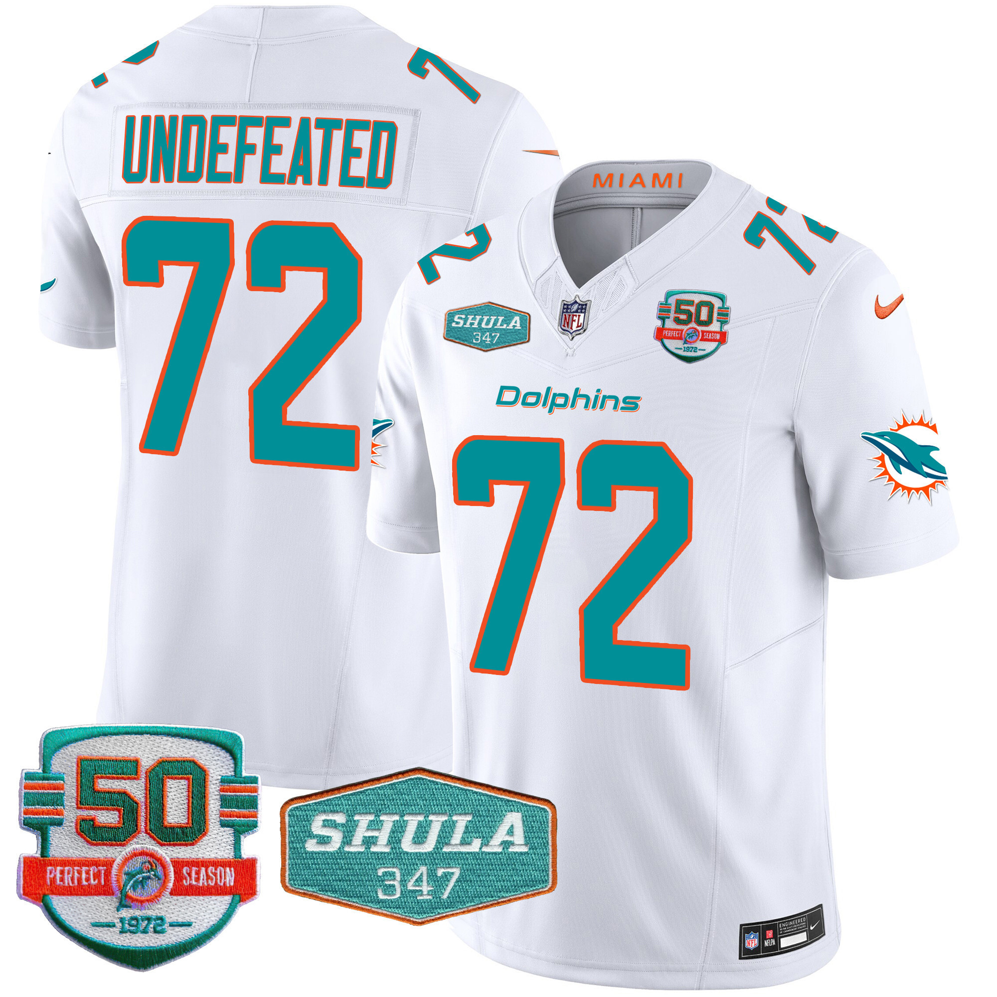 Undefeated Men's Miami Dolphins Shula 347 Patch Vapor Limited White Jersey - All Stitched