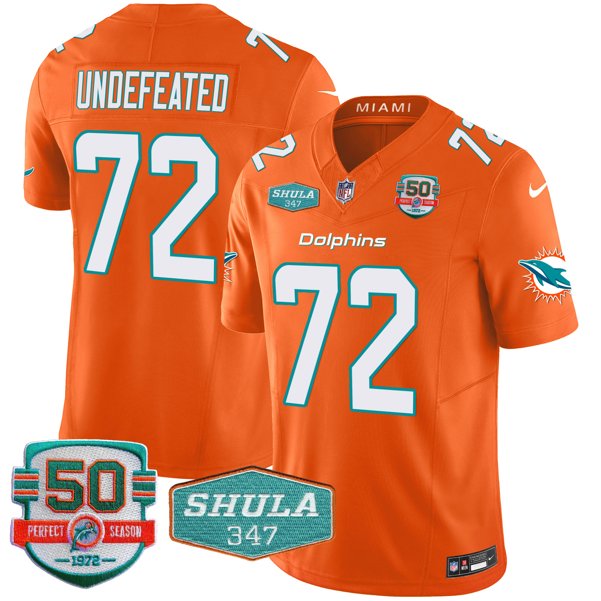 Undefeated Men's Miami Dolphins Shula 347 Patch Vapor Orange Jersey - All Stitched