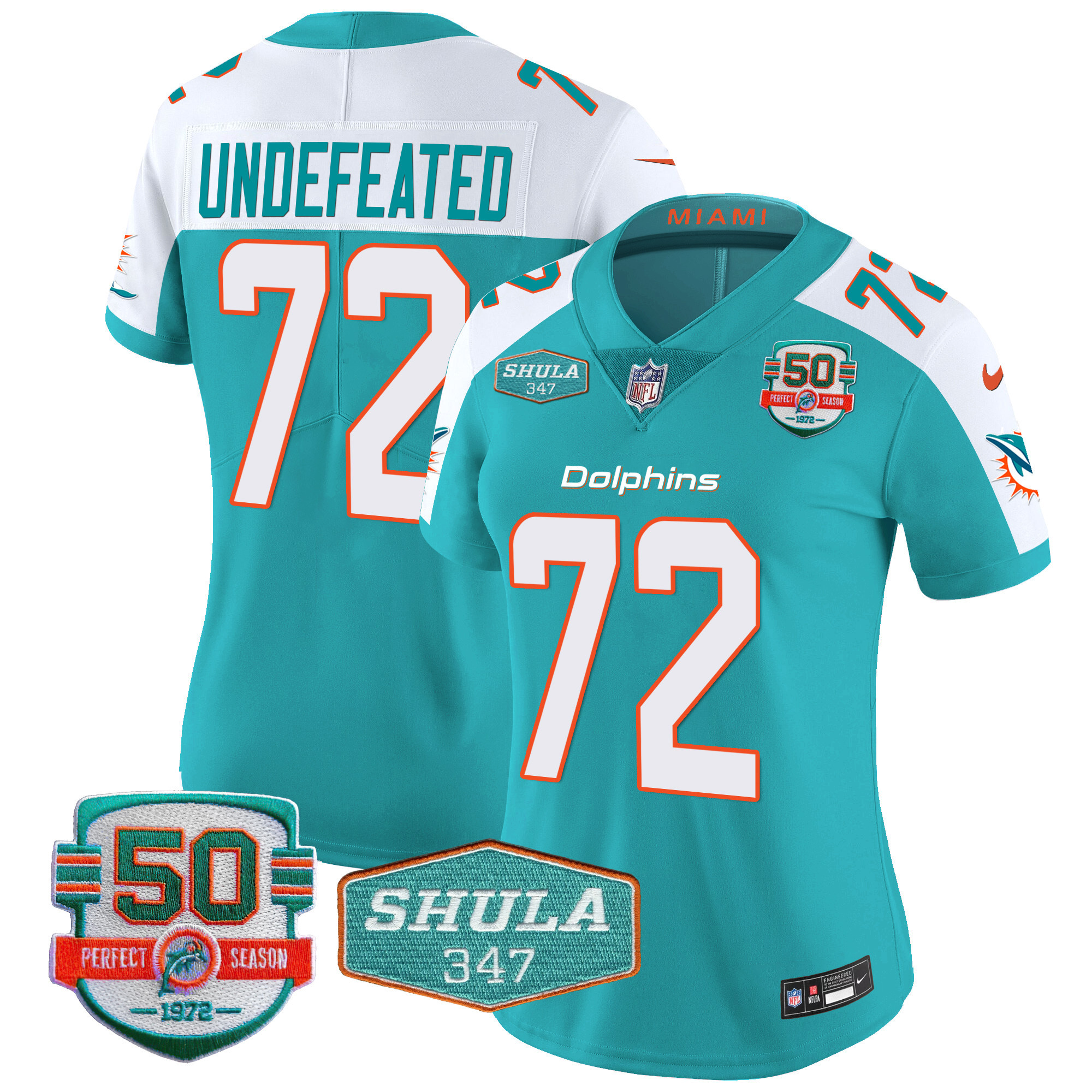 Undefeated Women's Miami Dolphins Shula 347 Patch Vapor Aqua Alternate Jersey - All Stitched