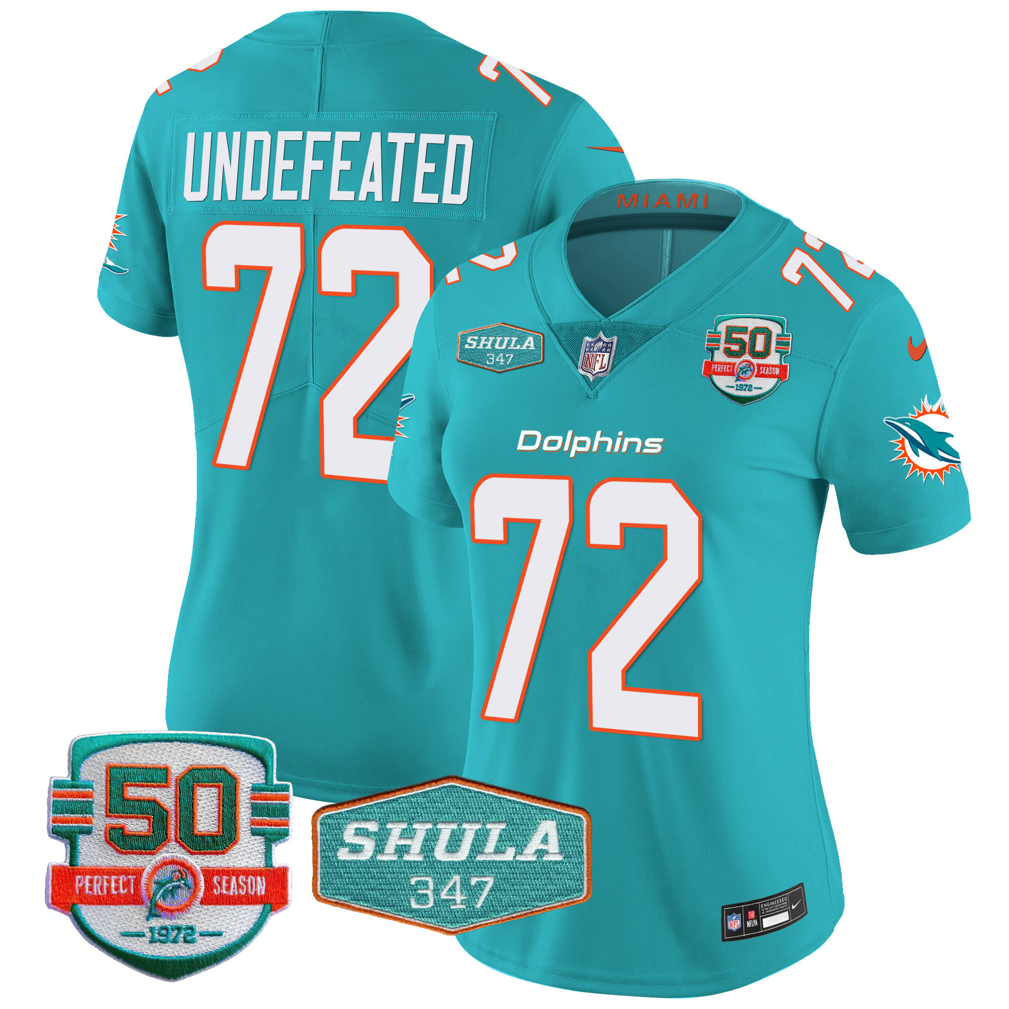 Undefeated Women's Miami Dolphins Shula 347 Patch Vapor Aqua Jersey - All Stitched