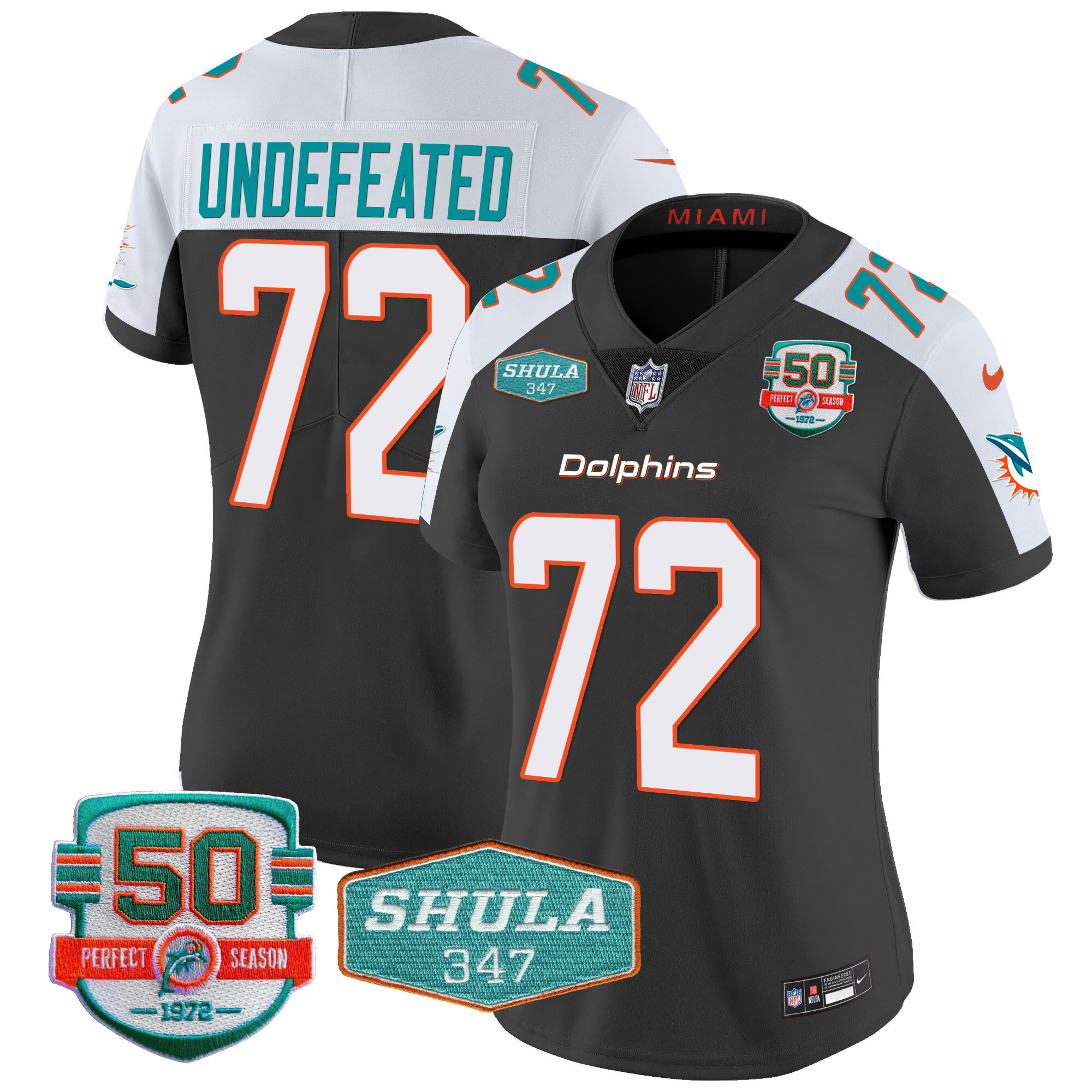 Undefeated Women's Miami Dolphins Shula 347 Patch Vapor Black Alternate Jersey - All Stitched