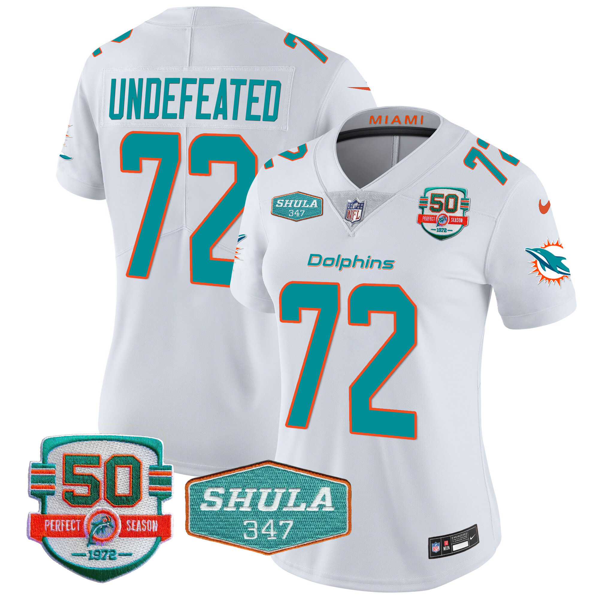 Undefeated Women's Miami Dolphins Shula 347 Patch Vapor White Jersey - All Stitched