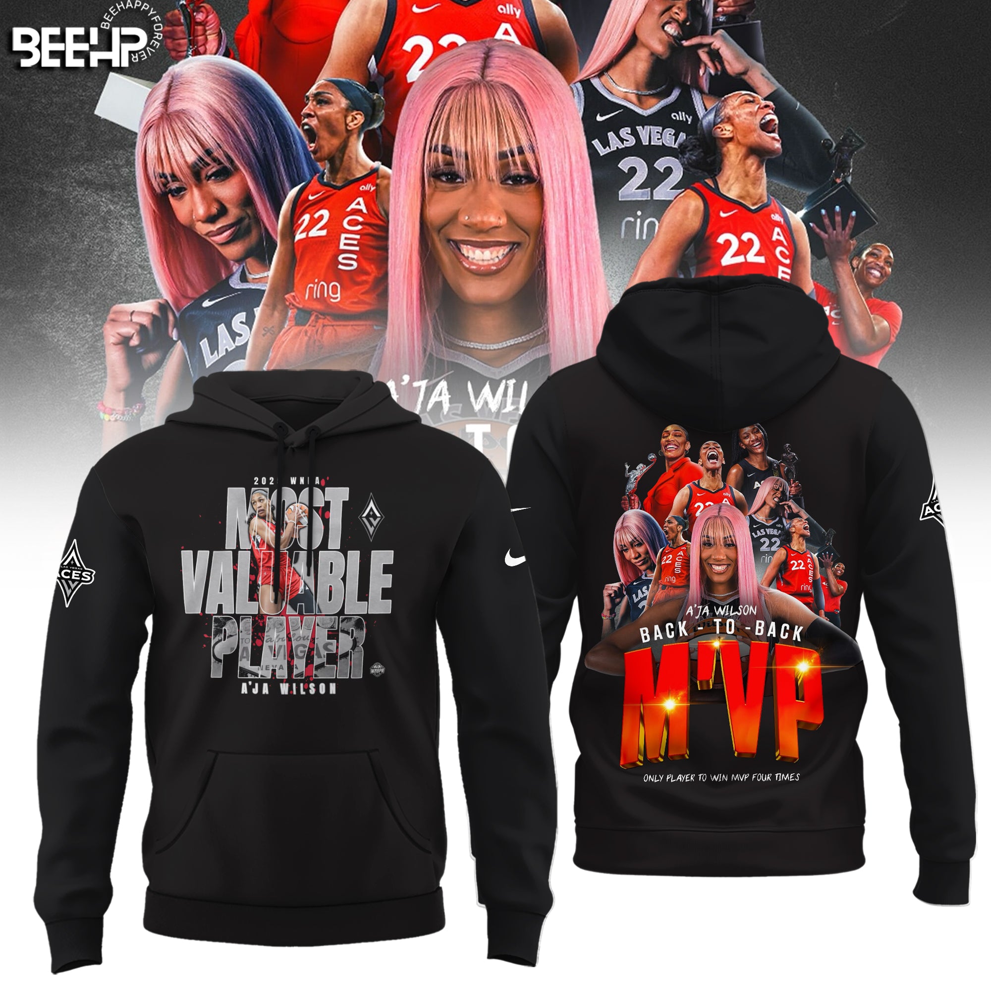 Unisex Las Vegas Aces Aâ€™ja Wilson Playa Society Black 2025 WNBA MVP Hoodie