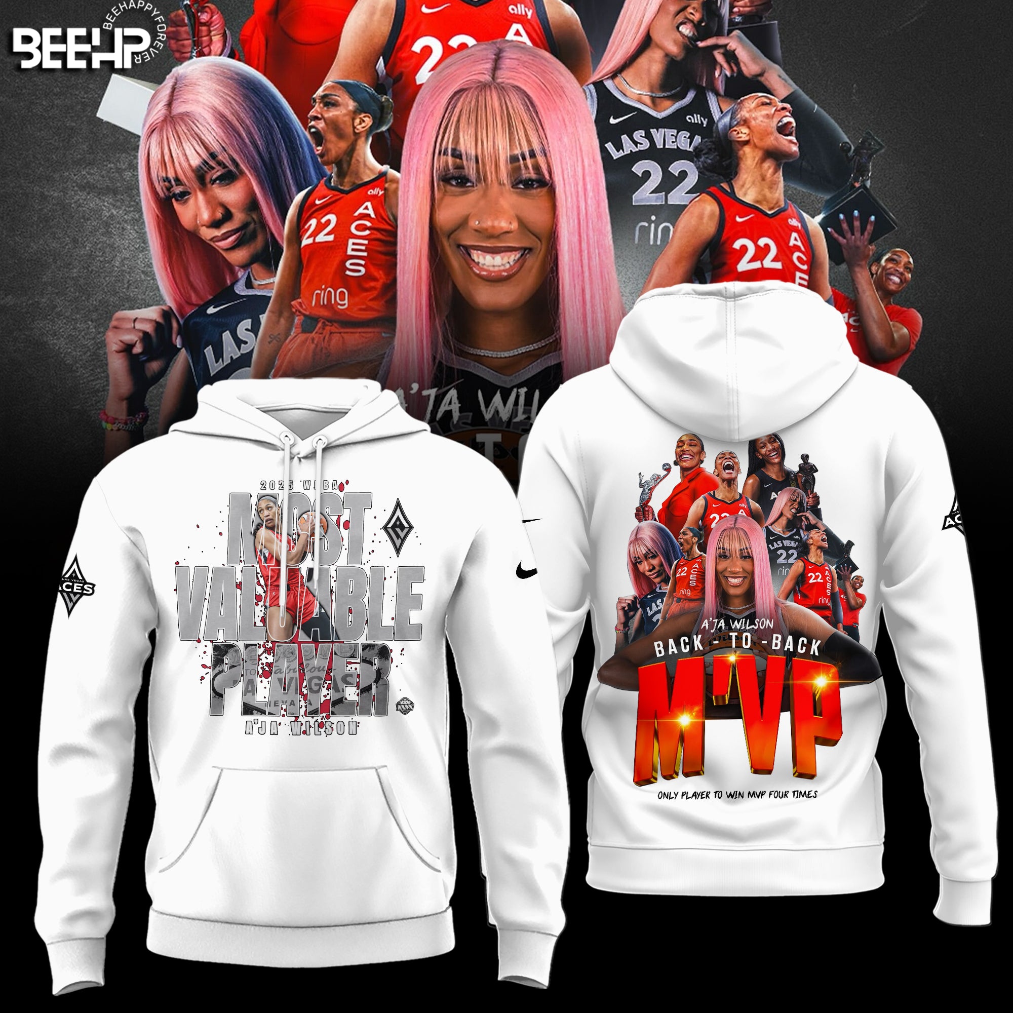 Unisex Las Vegas Aces Aâ€™ja Wilson Playa Society Black 2025 WNBA MVP Hoodie