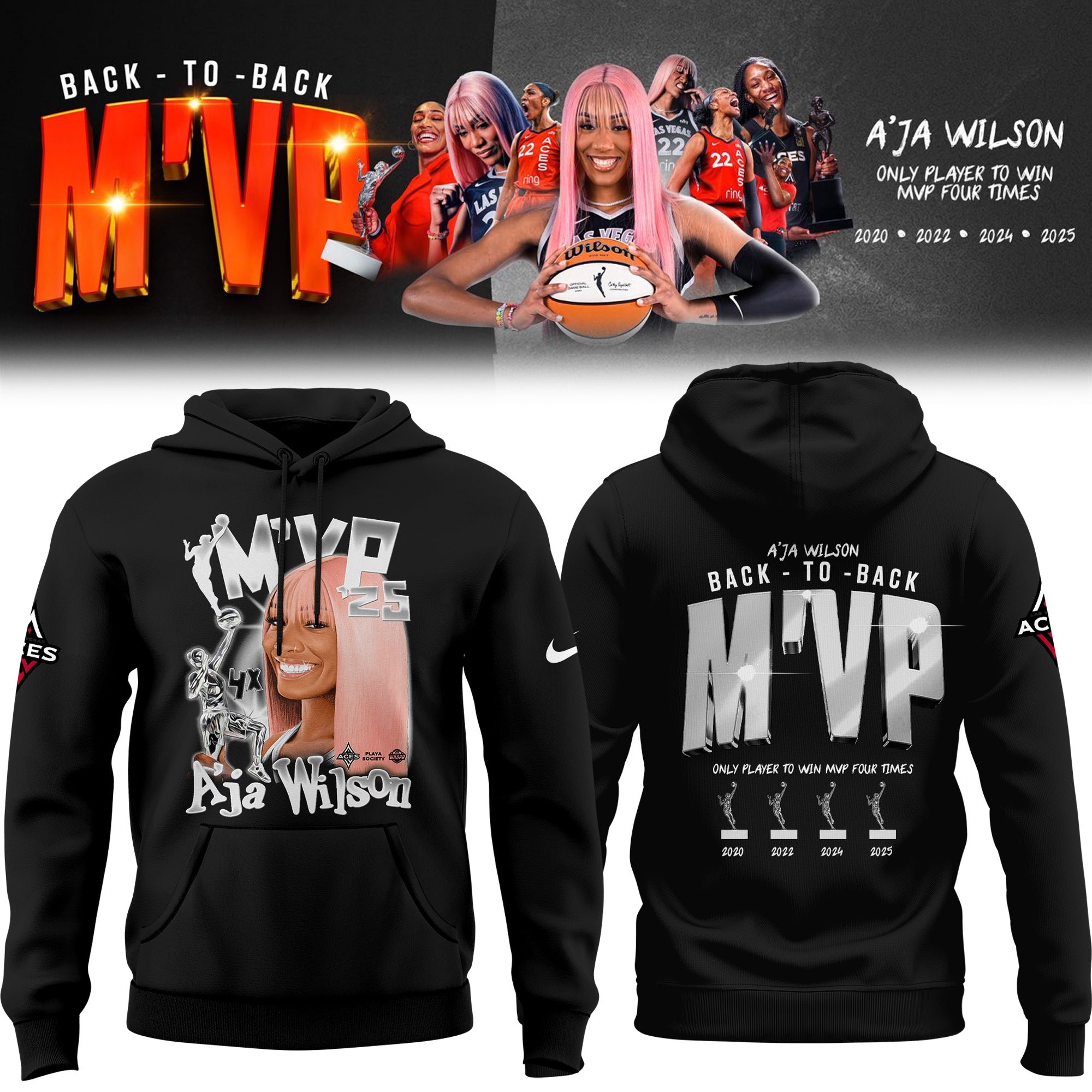 Unisex Las Vegas Aces Aâ€™ja Wilson Playa Society Black 2025 WNBA MVP Hoodie