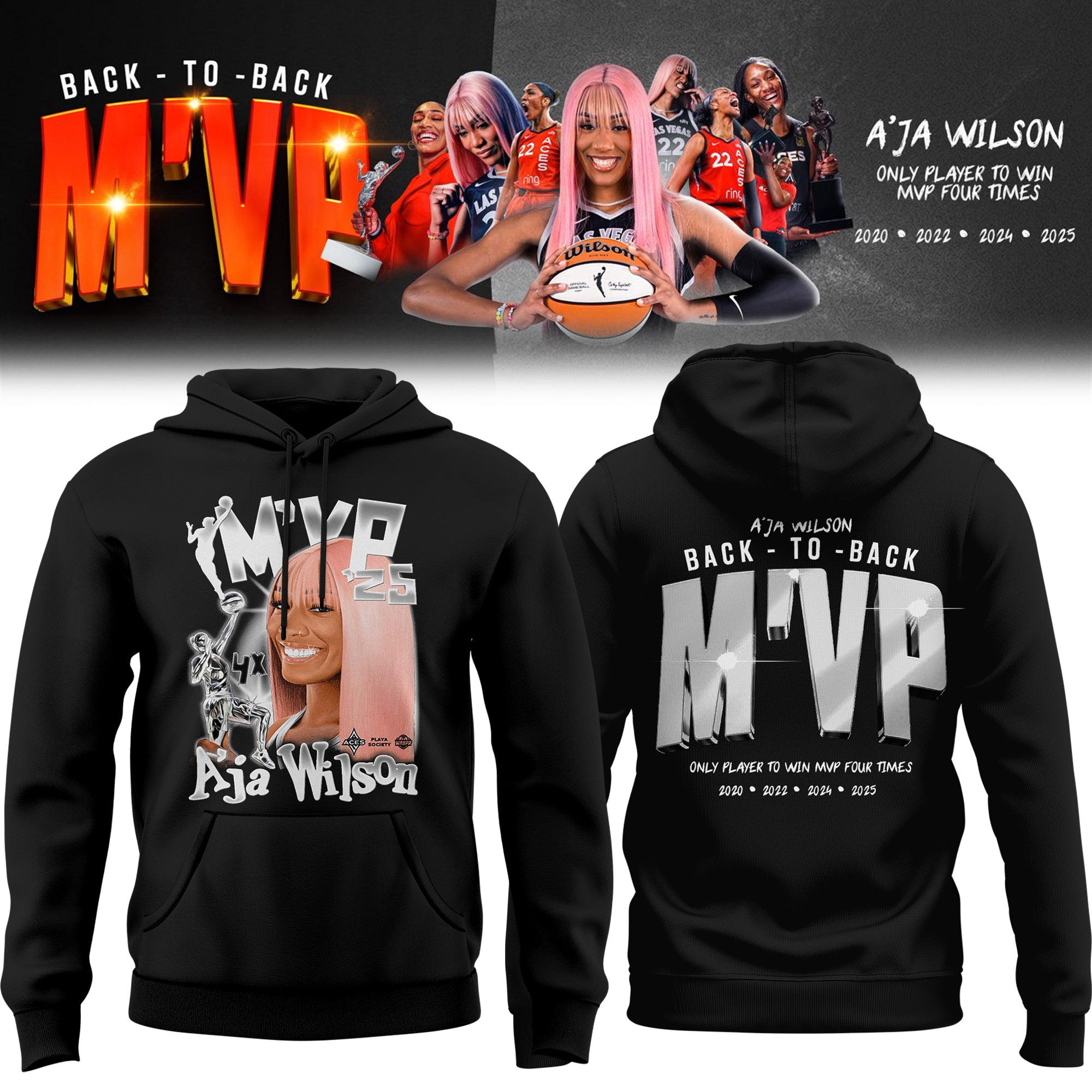 Unisex Las Vegas Aces Aâ€™ja Wilson Playa Society Black 2025 WNBA MVP Hoodie