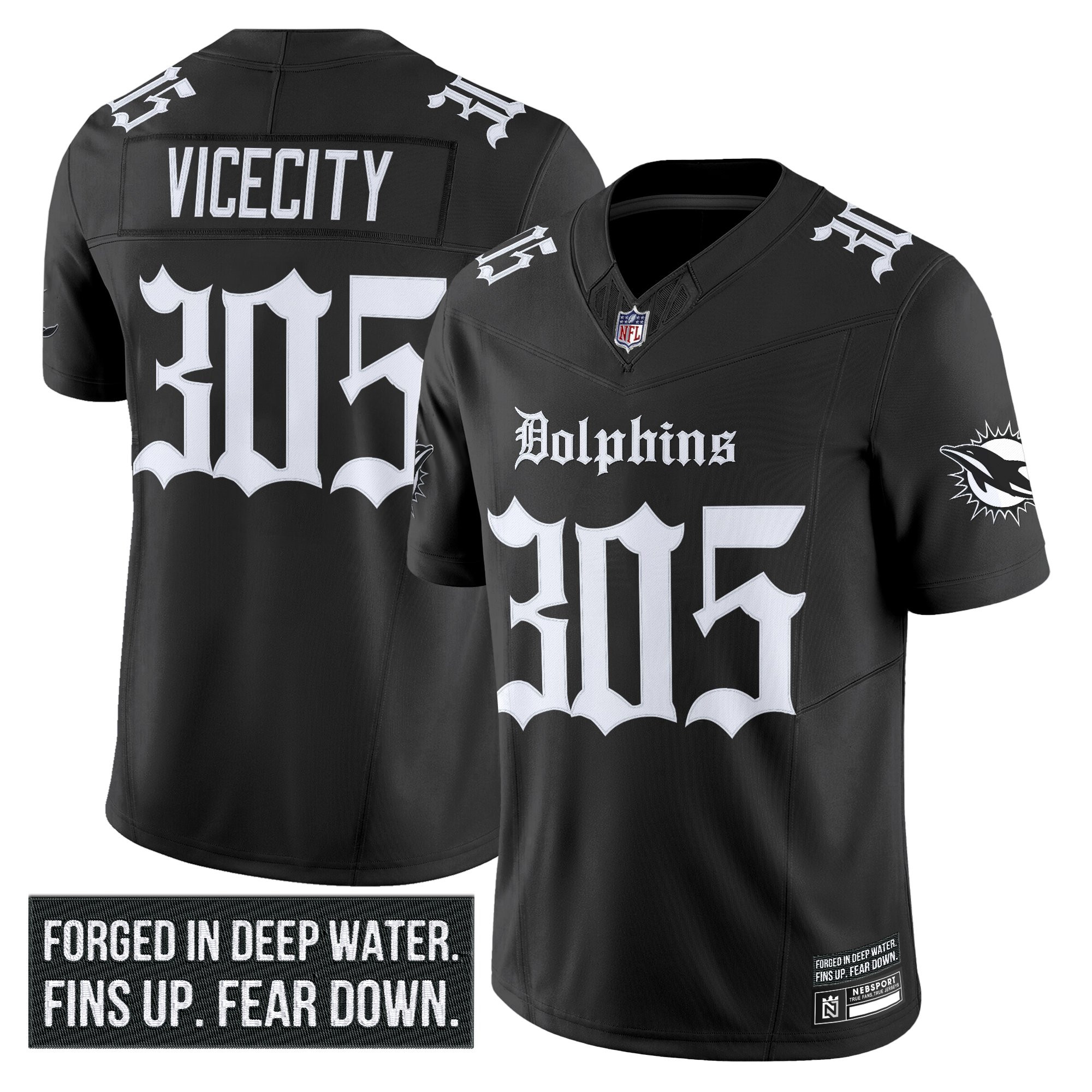 ViceCity 305 Men's Miami Dolphins 'Gothic Deep Water Edition' Vapor Limited Black Jersey - All Stitched