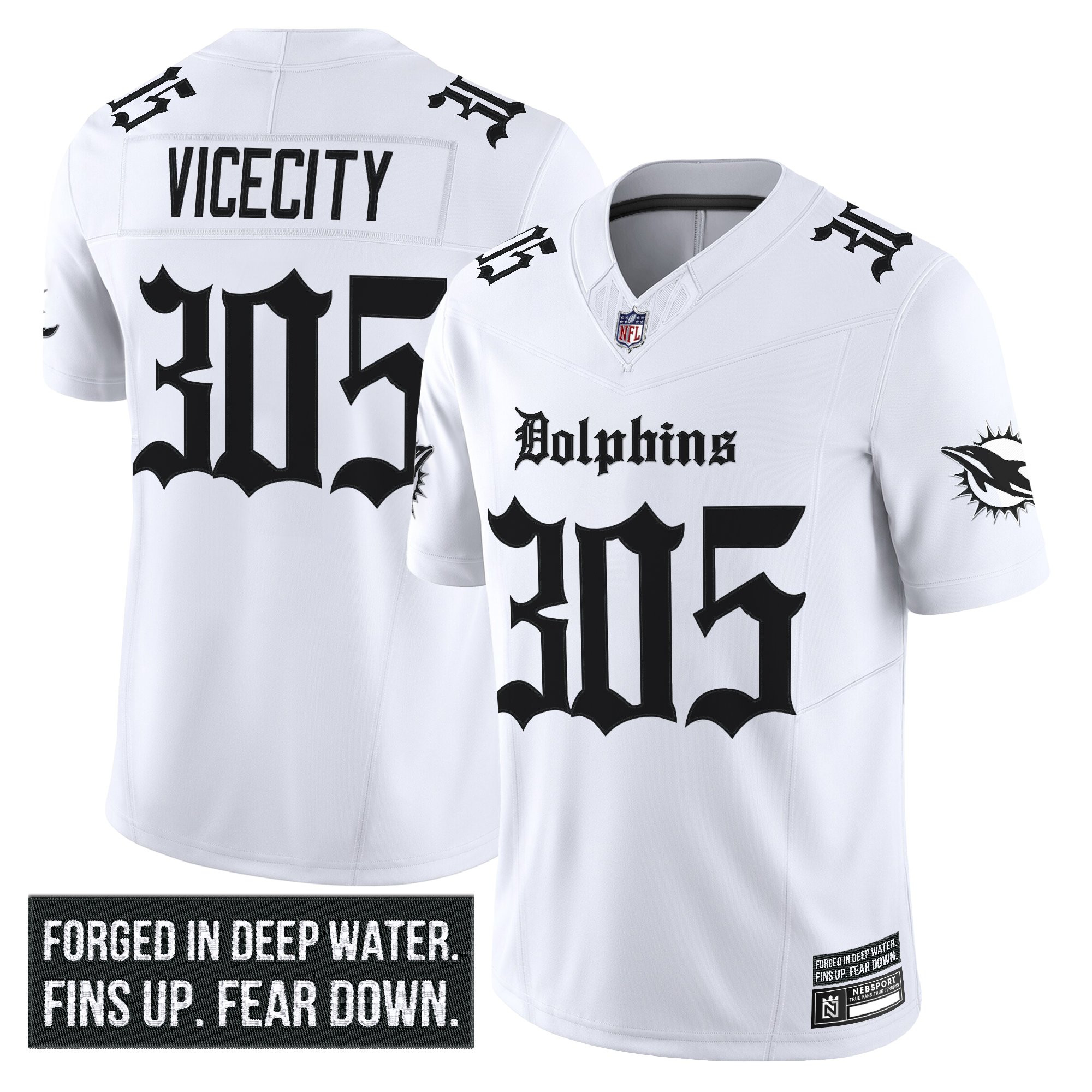 ViceCity 305 Men's Miami Dolphins 'Gothic Deep Water Edition' Vapor Limited White Jersey - All Stitched
