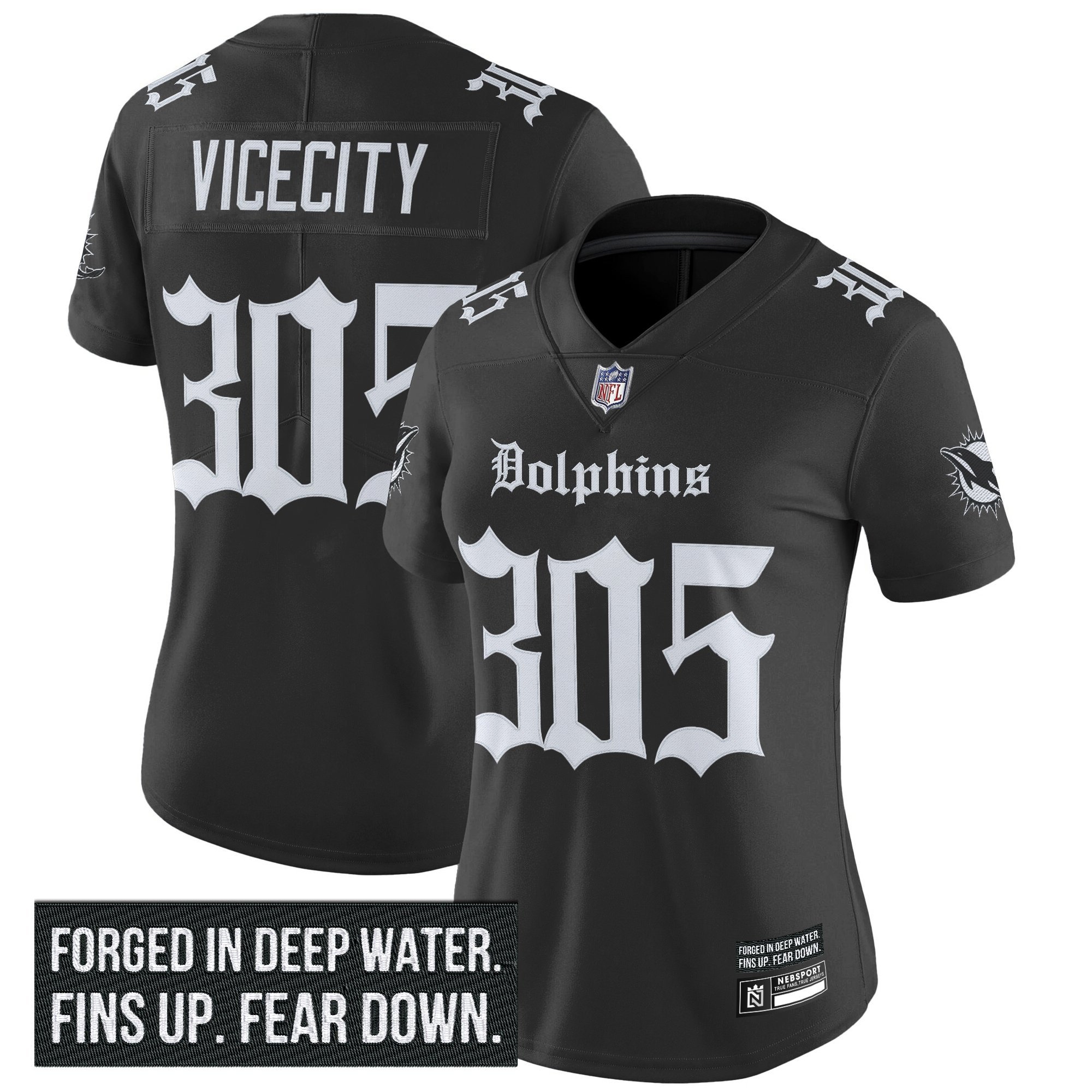 ViceCity 305 Women's Miami Dolphins 'Gothic Deep Water Edition' Vapor Limited Black Jersey - All Stitched