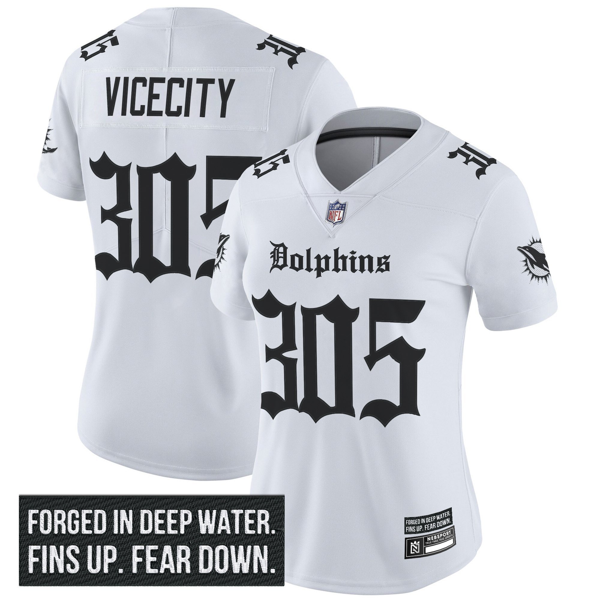 ViceCity 305 Women's Miami Dolphins 'Gothic Deep Water Edition' Vapor Limited White Jersey - All Stitched