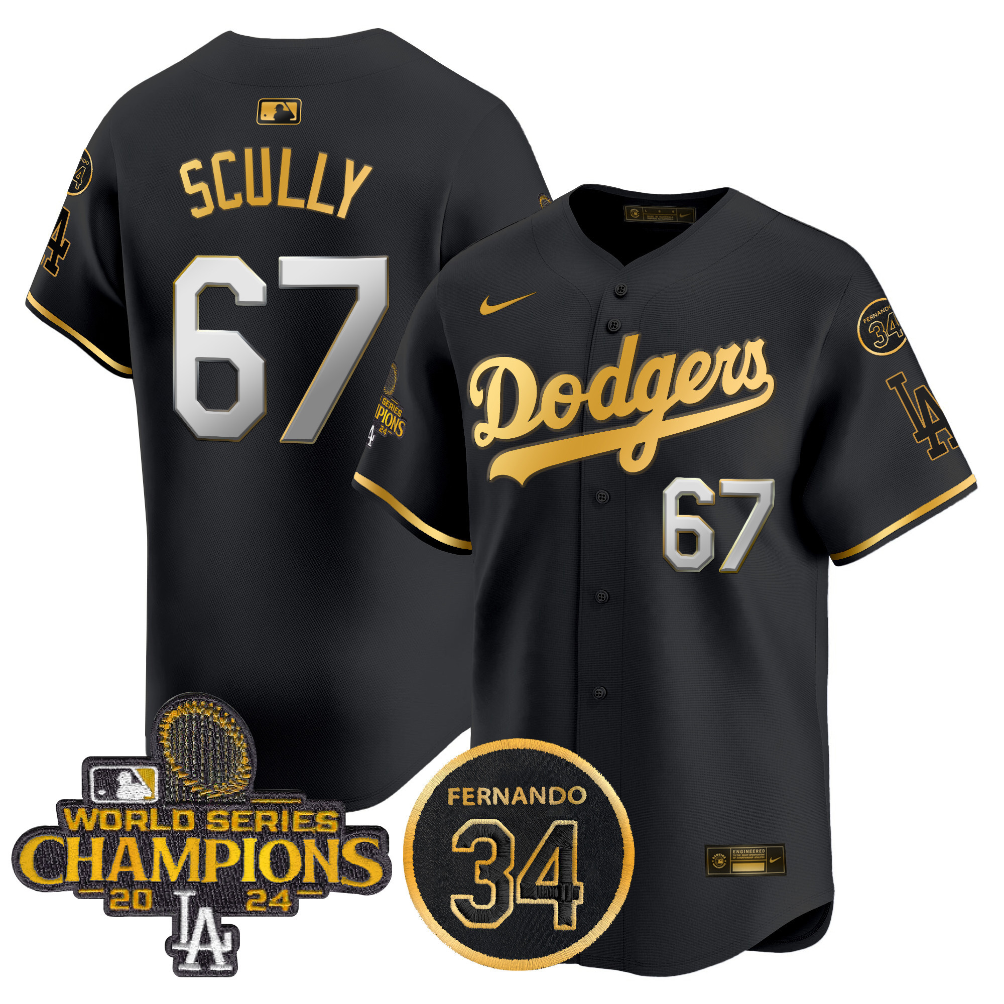 Vin Scully Men's Los Angeles Dodgers 2024 World Series Champions Gold Trim Vapor Premier Limited Black Gold Jersey V2 - All Stitched