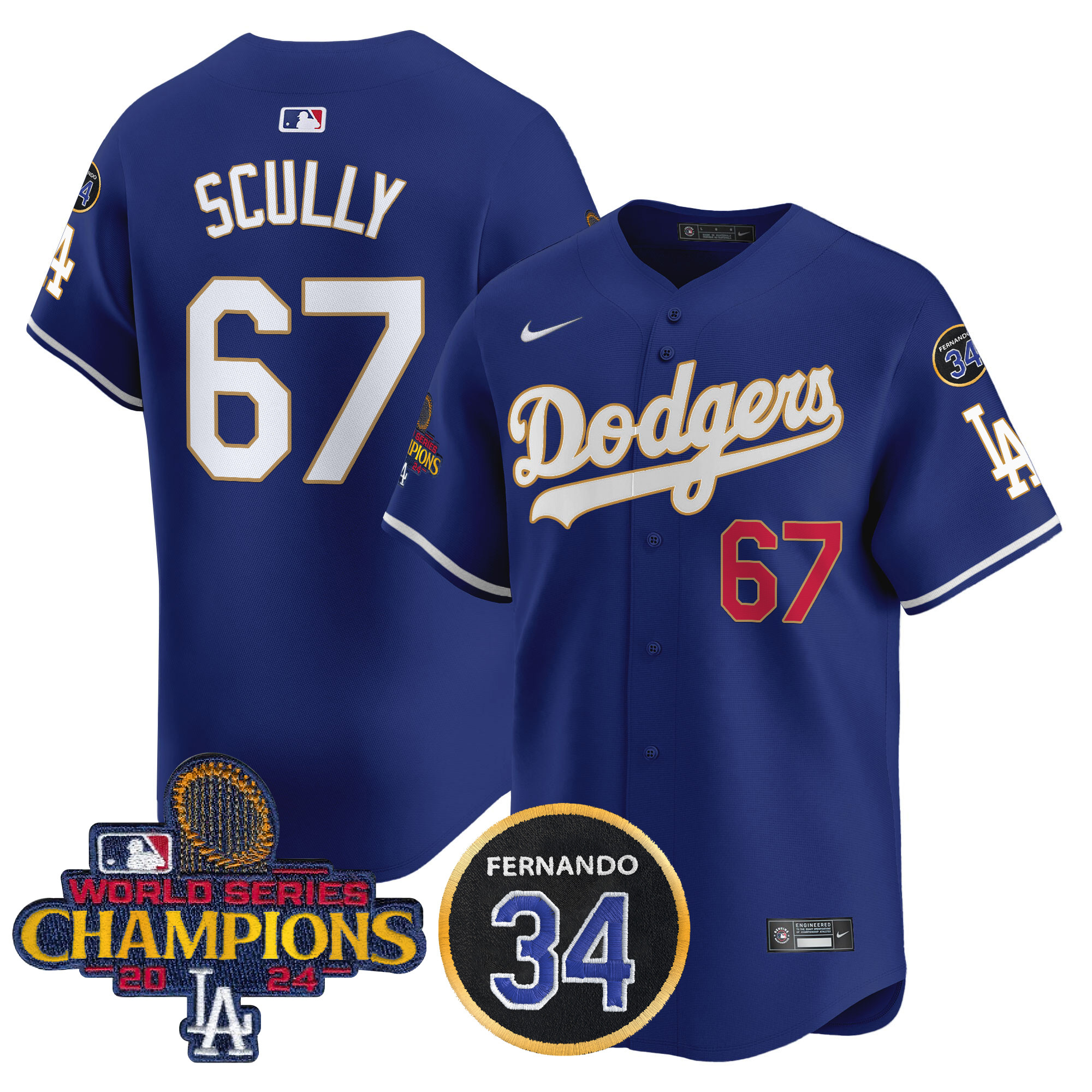 Vin Scully Men's Los Angeles Dodgers 2024 World Series Champions Gold Trim Vapor Premier Limited Royal Jersey V2 - All Stitched