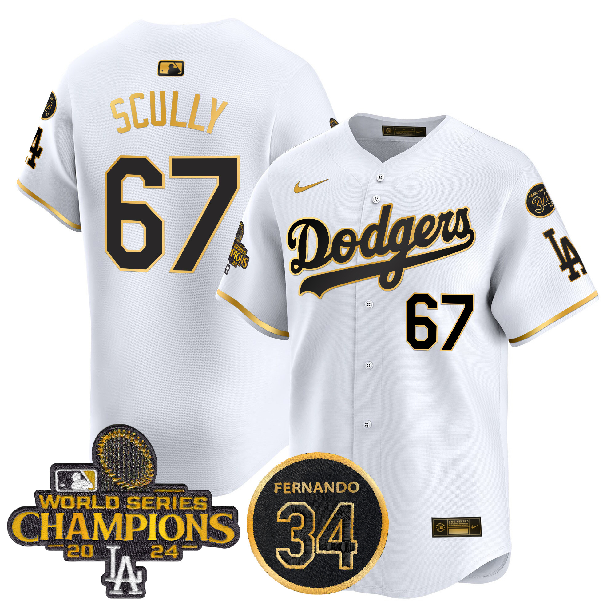 Vin Scully Men's Los Angeles Dodgers 2024 World Series Champions Gold Trim Vapor Premier Limited White Gold Jersey V2 - All Stitched