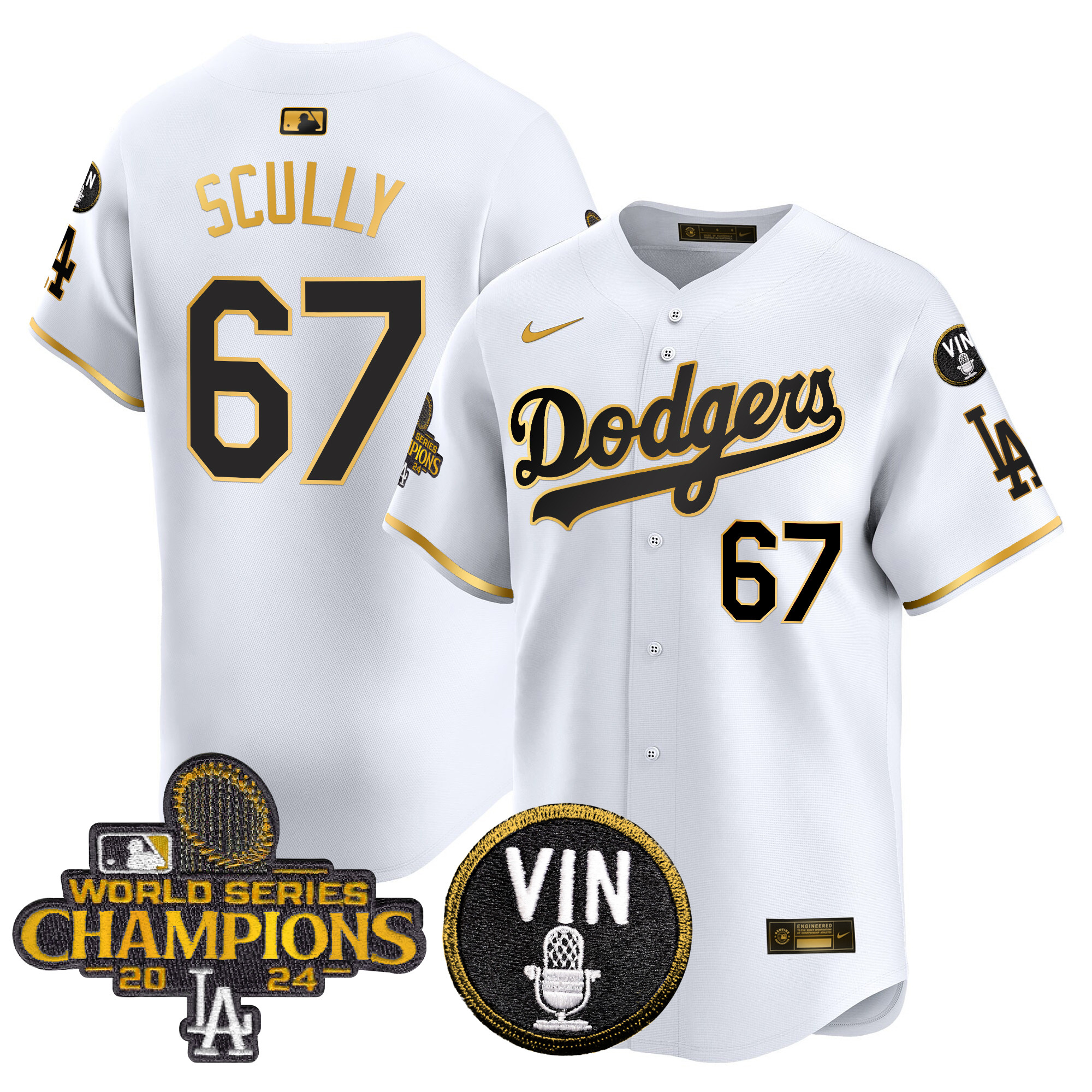 Vin Scully Men's Los Angeles Dodgers 2024 World Series Champions Patch Vapor Premier Limited White Gold Jersey V3 - All Stitched